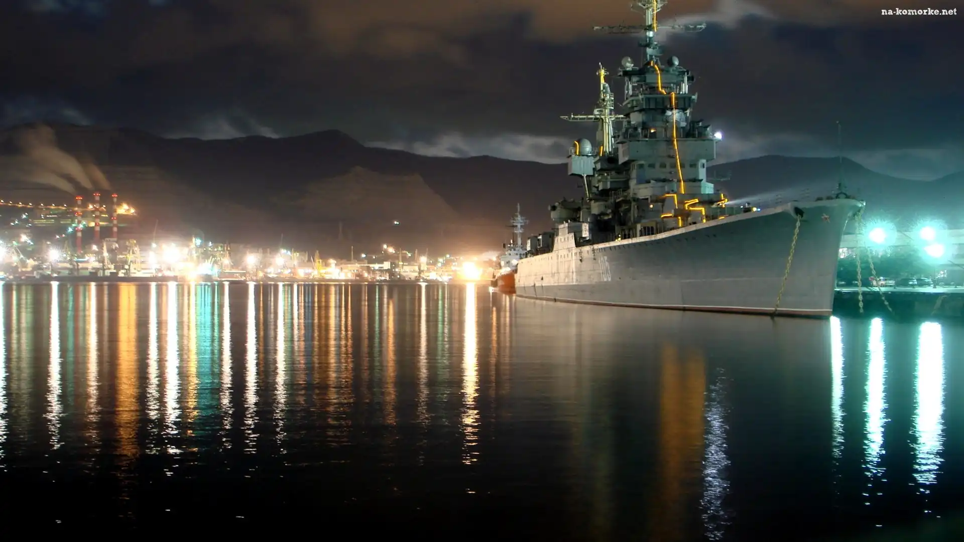 Odbicie, Statek, Wojskowy, Port, Noc
