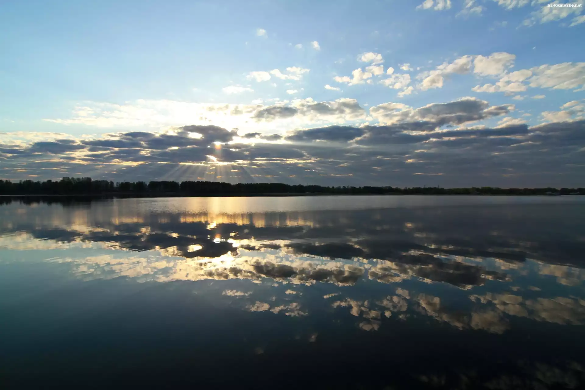 Odbicie, Jezioro, Chmury, Przebijające, Światło