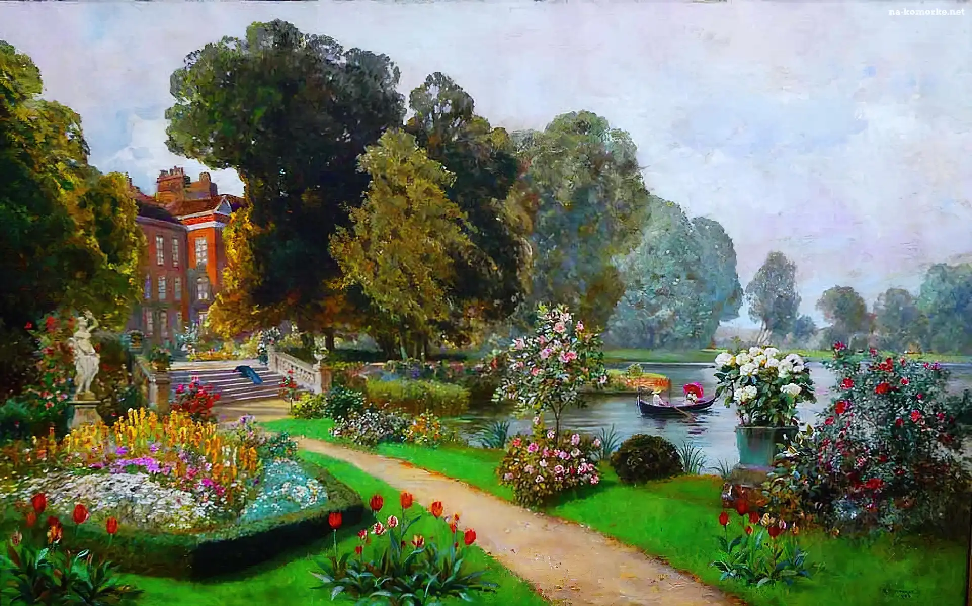 Ogród, Kwiaty, Pałac, Staw