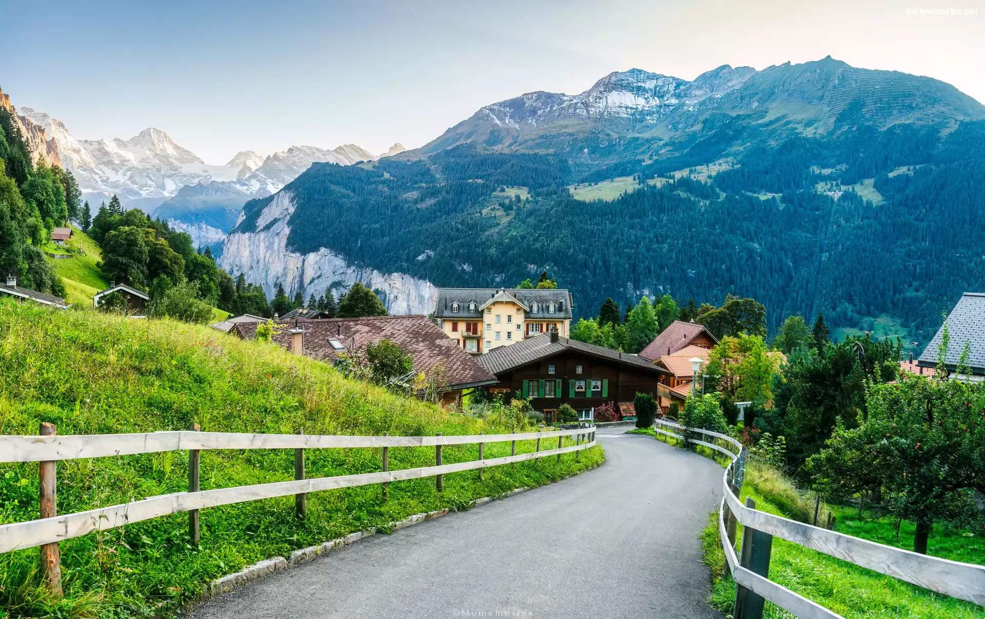 Wengen, Alpy Berneńskie, Lasy, Drzewa, Droga, Góry, Szwajcaria, Wieś, Ogrodzenie, Roślinność, Domy