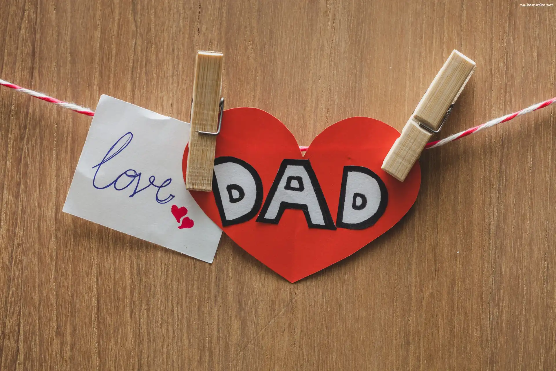 Klamerki, Dzień Ojca, Serduszko, Biała, Deski, Sznurek, Love Dad, Kartka, Napis