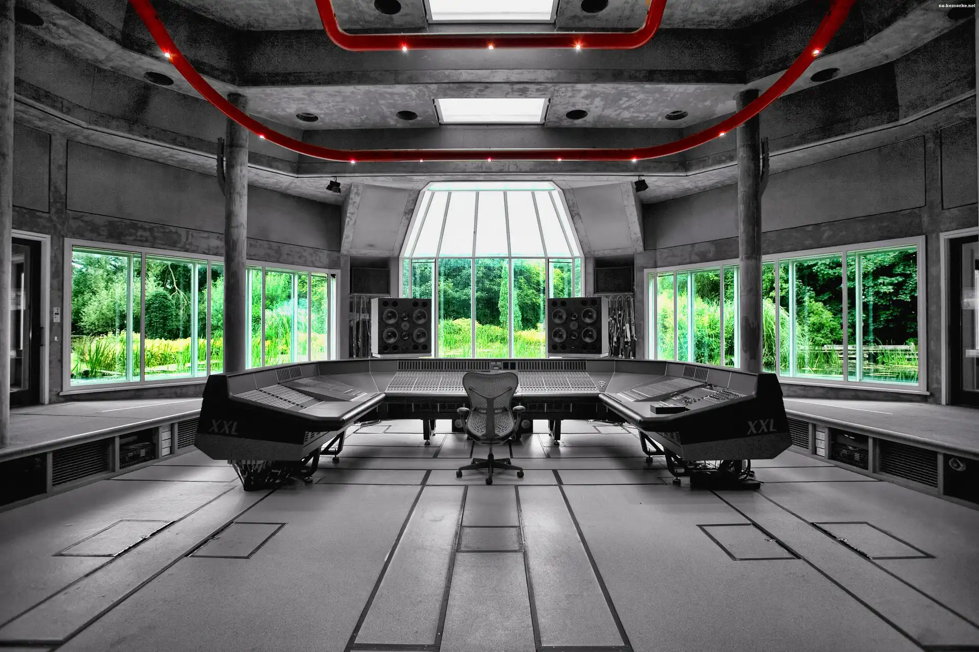 Okna, Studio, Nagraniowe, Stół, Głośniki