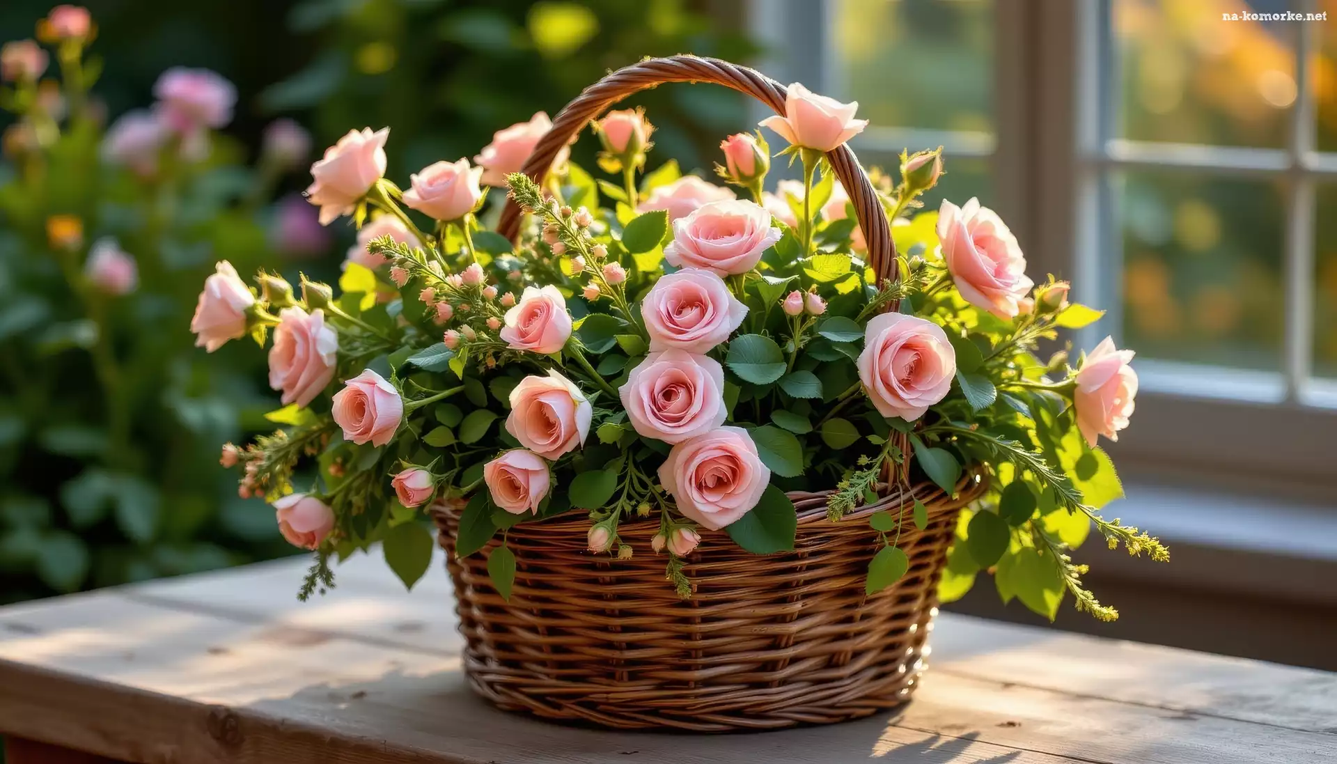 Stół, Kwiaty, Koszyk, Okno, Różowe, Róże