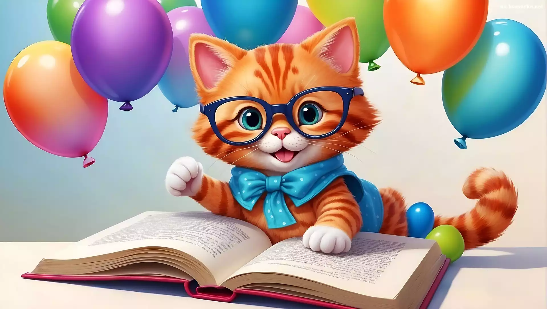 Książka, Balony, Kotek, Okulary