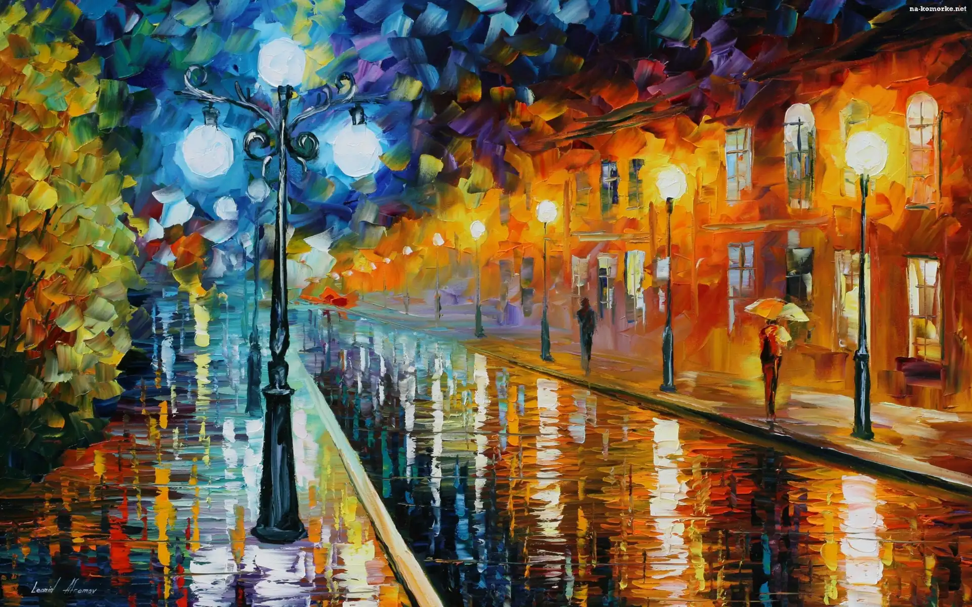 Olej, Ulica, Latarnie, Leonid Afremov, Obraz