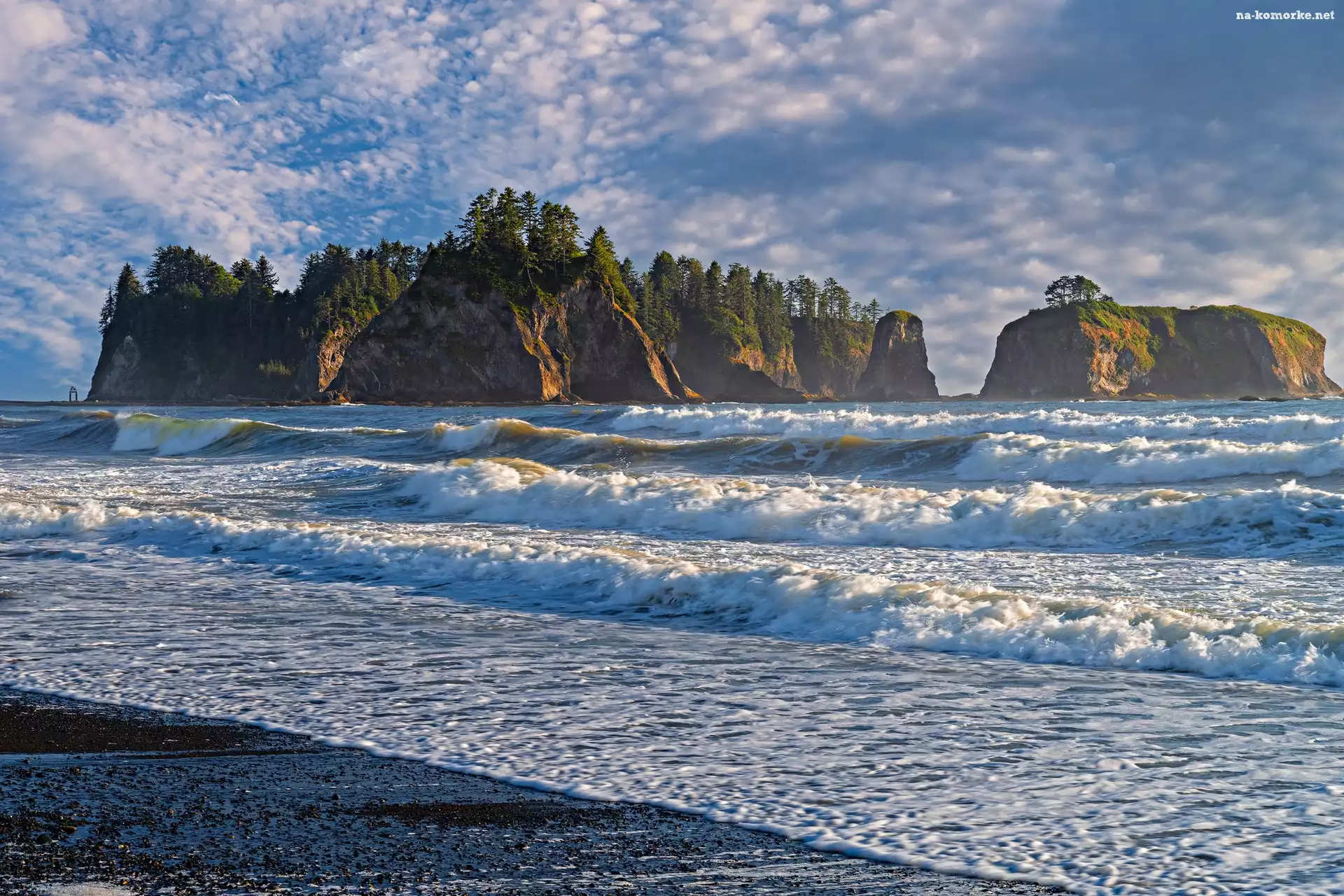 Skały, Plaża Rialto, Waszyngton, Fale, Park Narodowy Olympic, Stany Zjednoczone, Olympic Peninsula, Morze, Półwysep, Drzewa