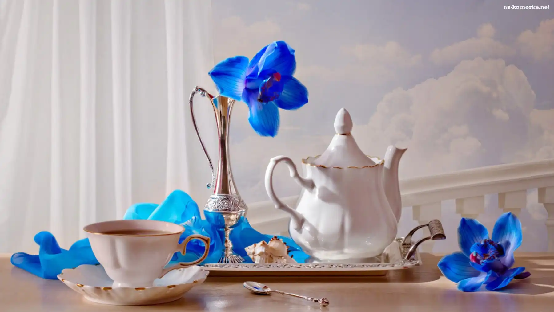 Orchidee, Porcelana, Filiżanka, Dzbanek, Niebieskie