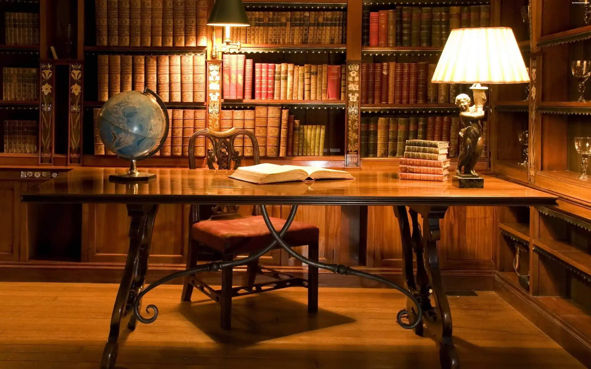 Oświetlenie, Biblioteka, Książki, Biurko, Lampa