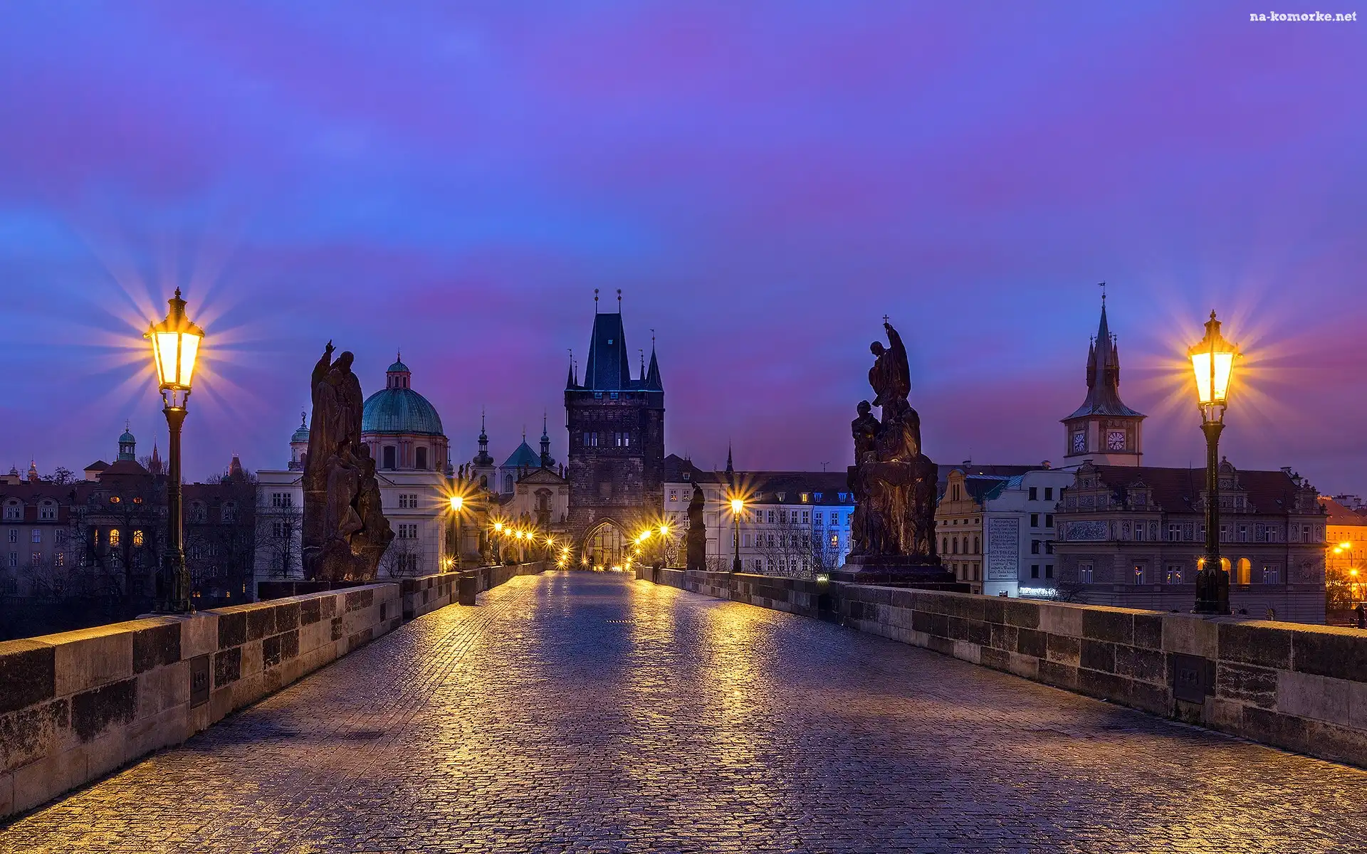 Posągi, Oświetlenie, Most Karola, Czechy, Latarnie, Praga