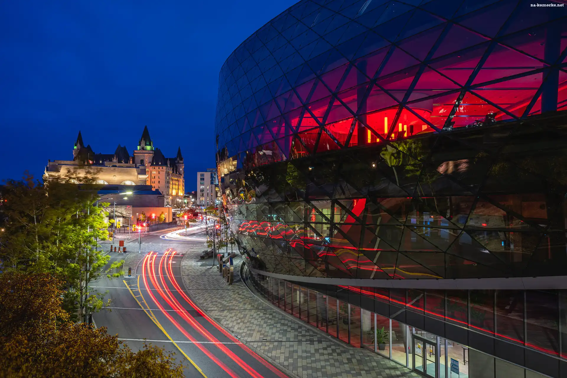 Centrum Kongresowe, Domy, Wieczór, Droga, Ulica, Ottawa, Kanada, Shaw Centre, Światło