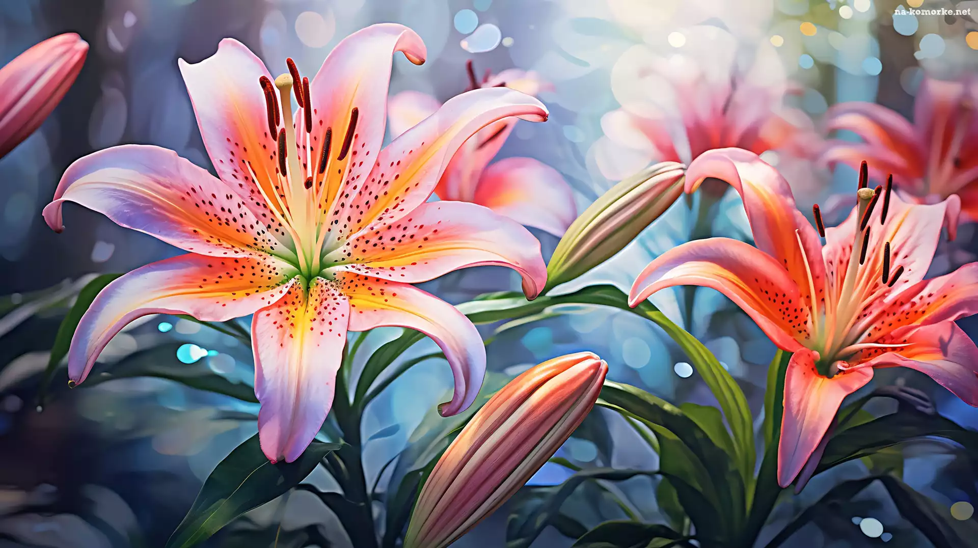 Lilie, Pąki, Liście, Kwiaty, Grafika