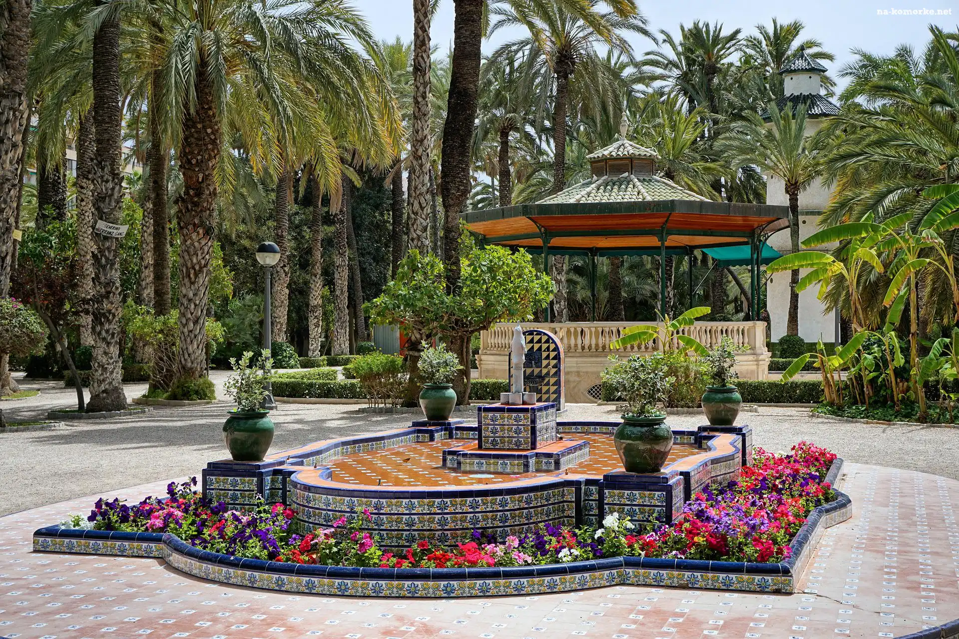 Elche, Fontanna, Park palmowy, Hiszpania, Palmy, Altana