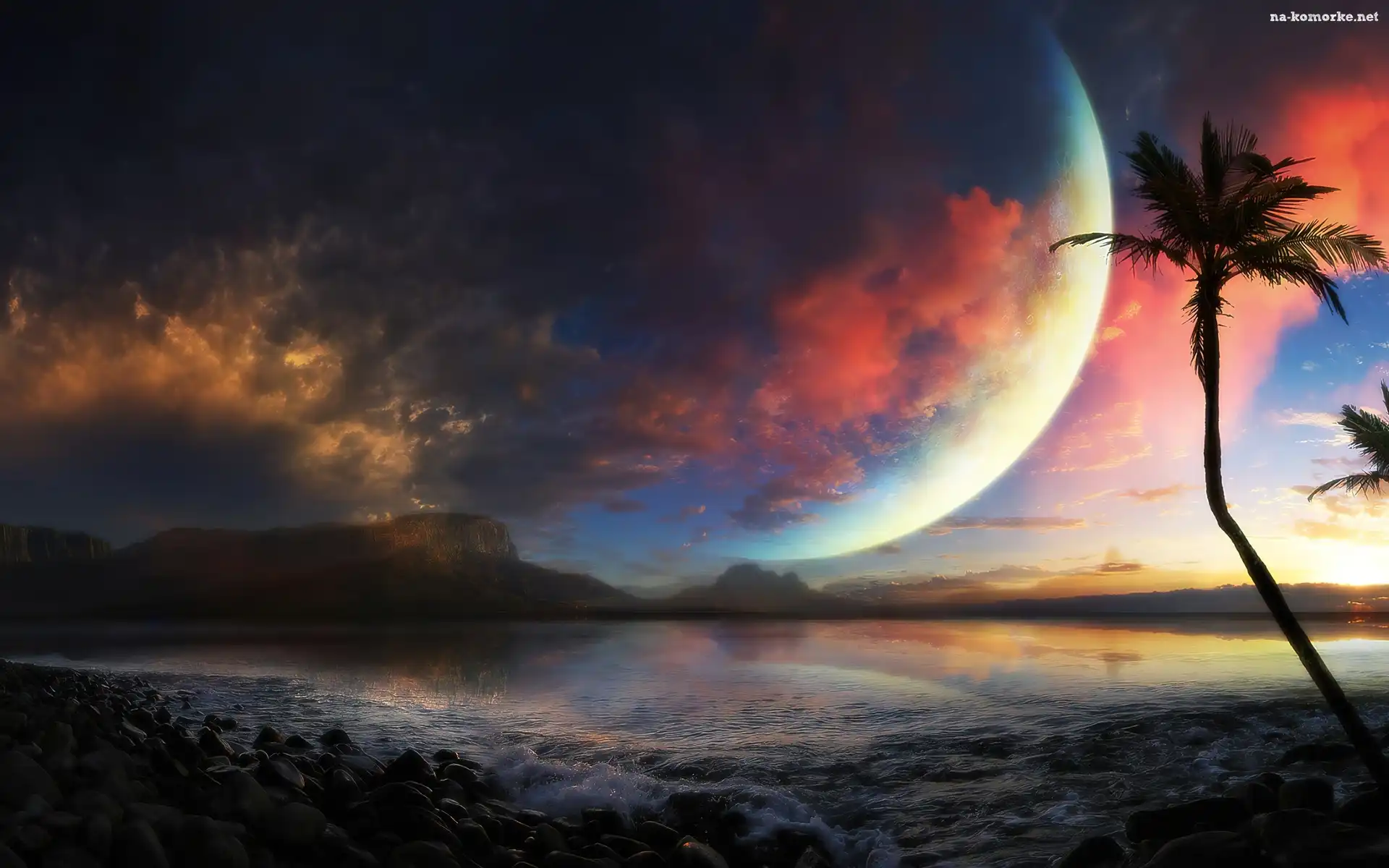 Palmy, Planeta, Fantasy, Morze