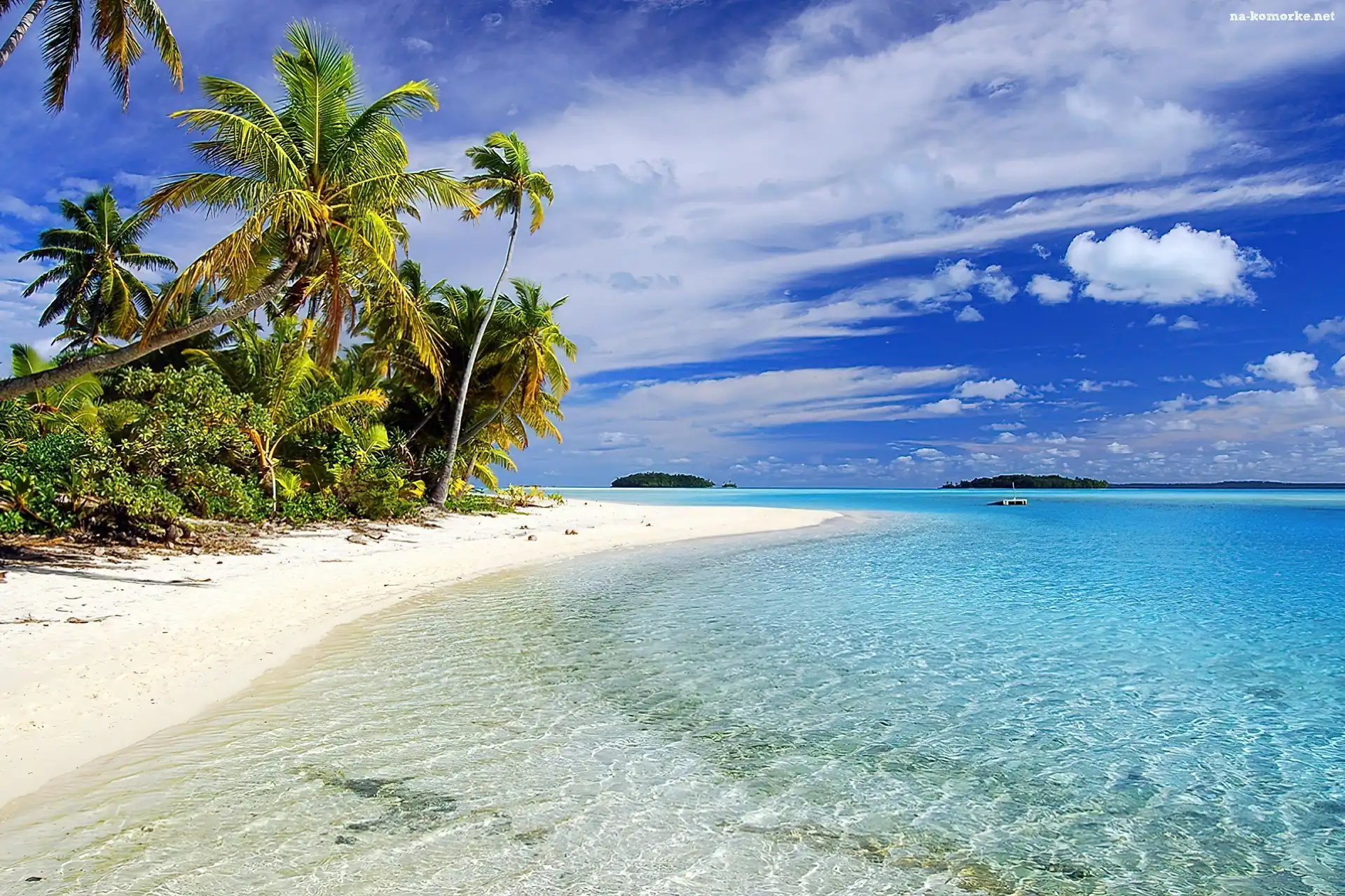Palmy, Aitutaki, Islandia, Woda, Piasek