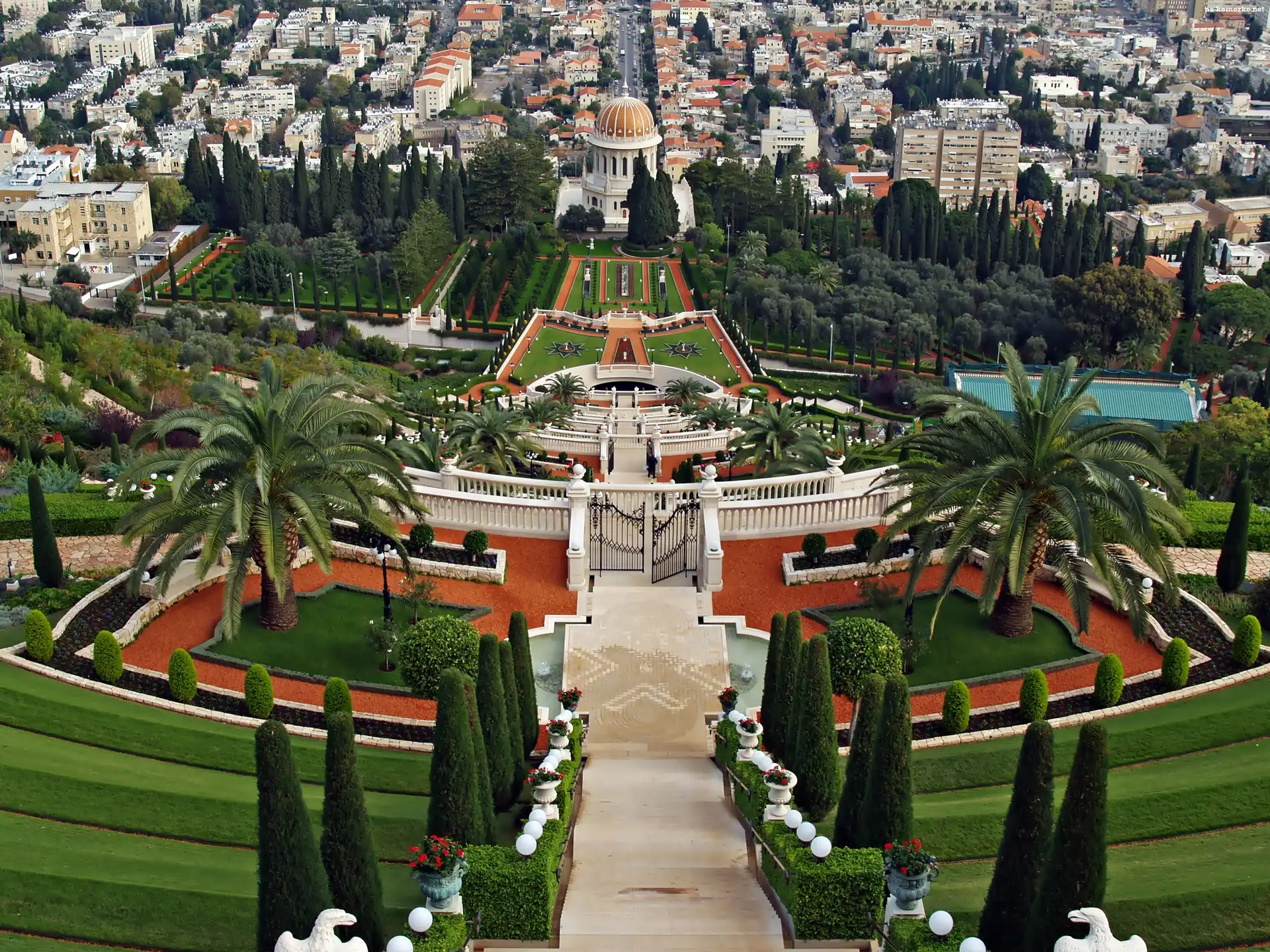 Ogród, Bab Bahai, Izrael, Palmy, Miasta, Panorama, Tarasy, Basen, Domy, Hajfa