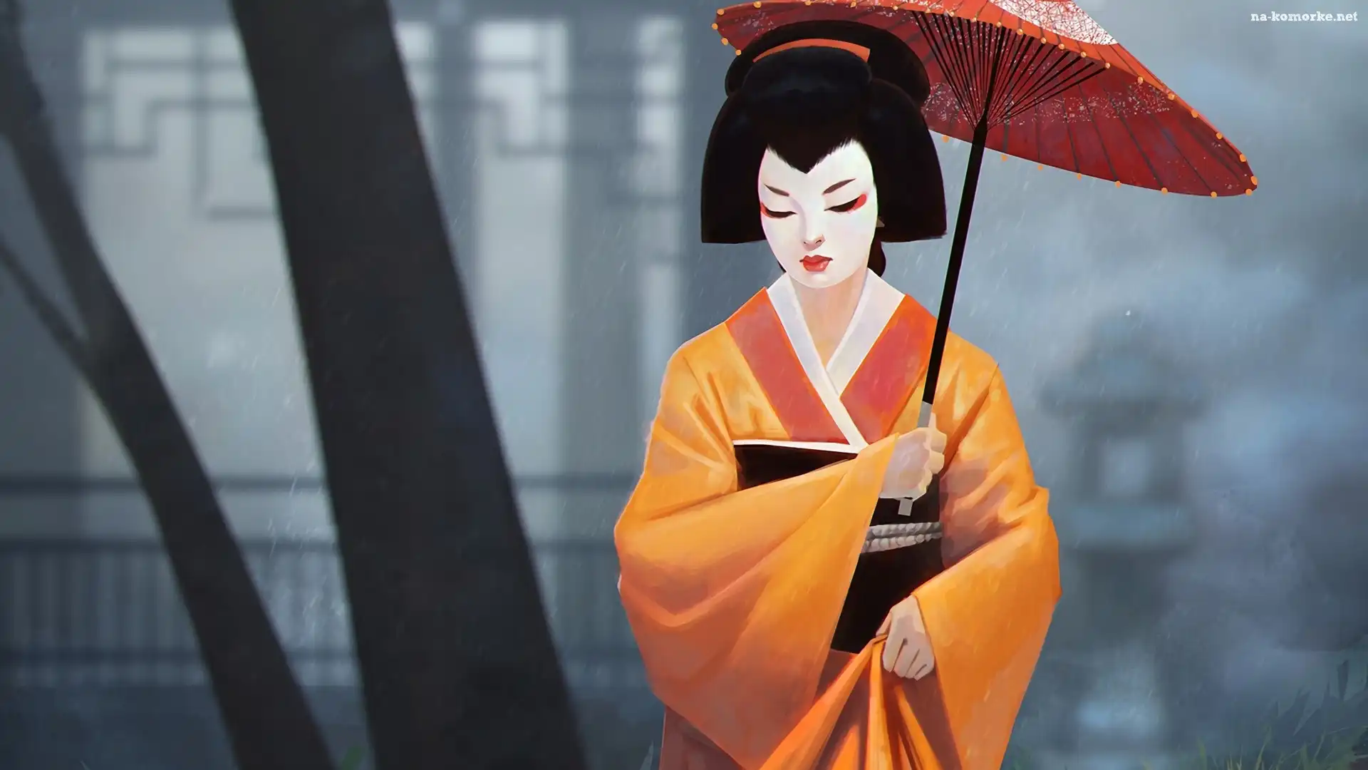 Gejsza, Parasol, 2D, Kobieta, Żółte, Kimono, Czerwony