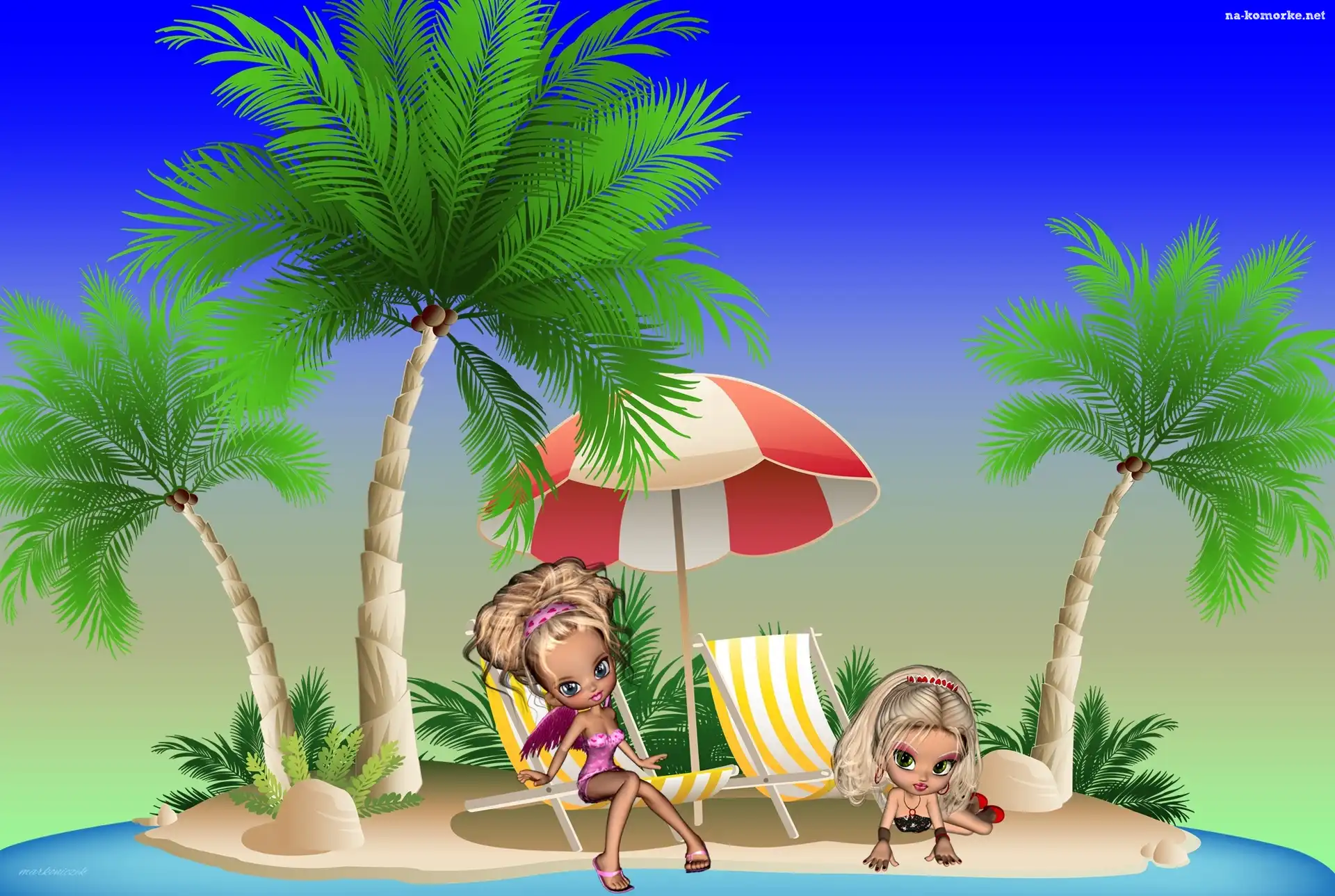 Parasol, Grafika, Plaża, Palmy, Leżaki
