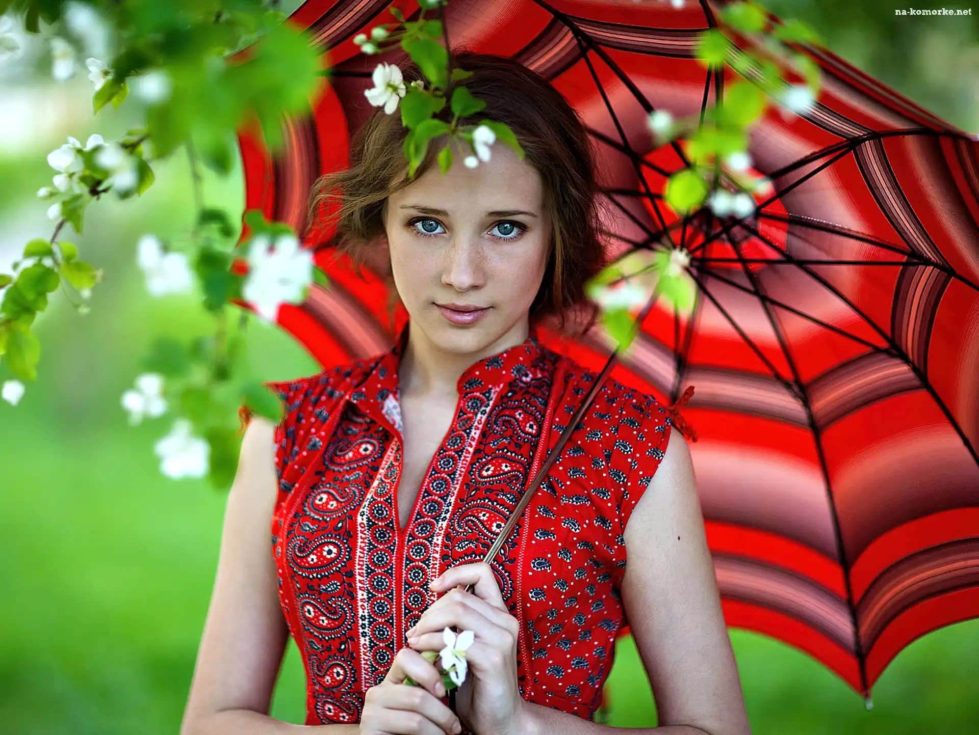 Parasolka, Dziewczyna, Modelka, Czerwona, Bluzka
