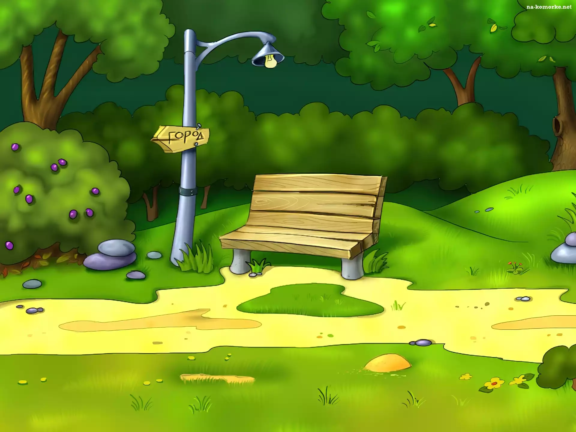Park, Grafika, Ławeczka, Drogowskaz