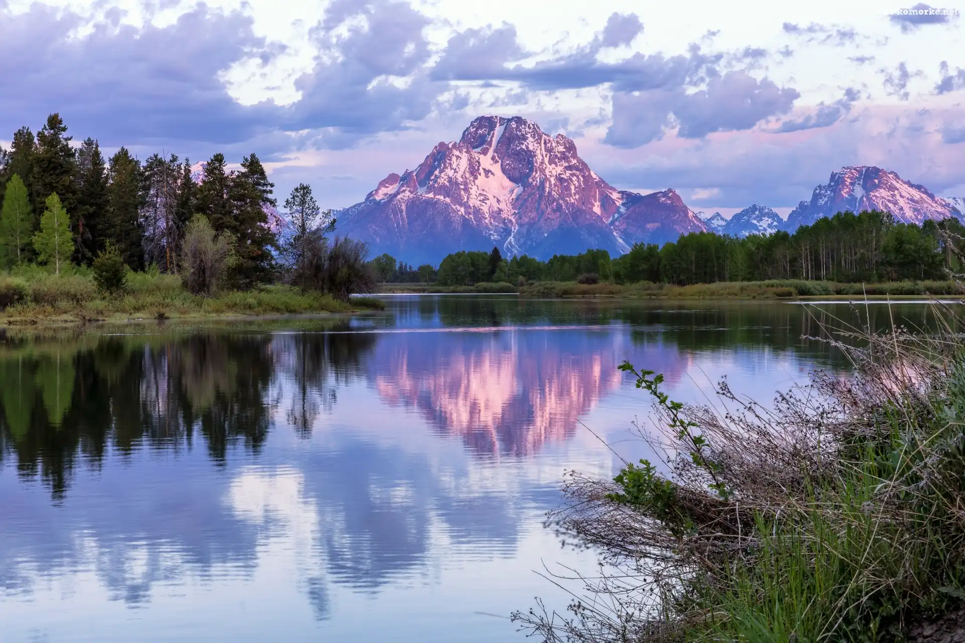 Park Narodowy Grand Teton, Stan Wyoming, Rzeka, Stany Zjednoczone, Góry Teton Range, Snake River, Drzewa, Chmury