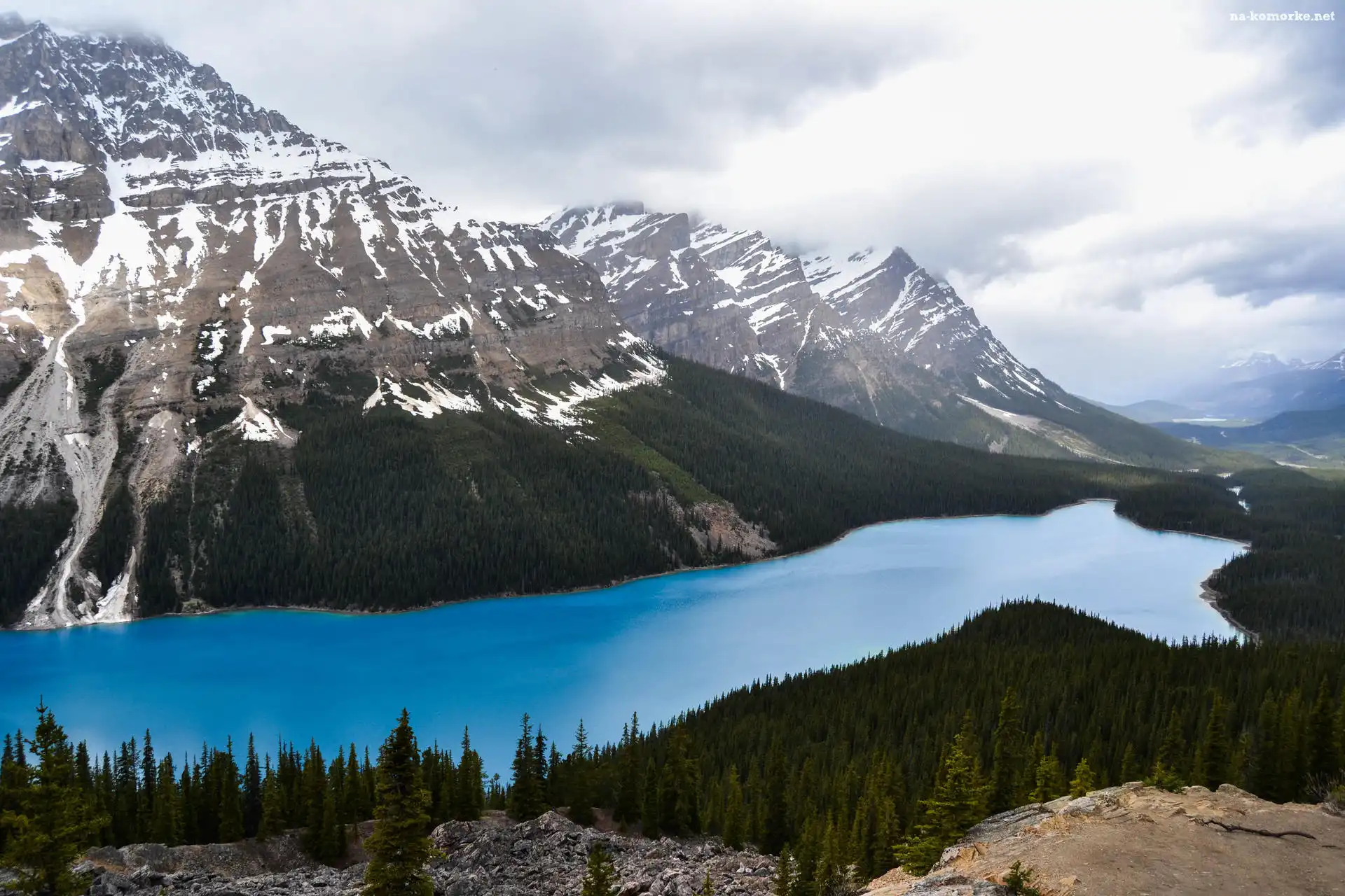 Park Narodowy Banff, Góry, Kanada, Peyto Lake, Alberta, Chmury, Jezioro, Drzewa, Lasy, Skały
