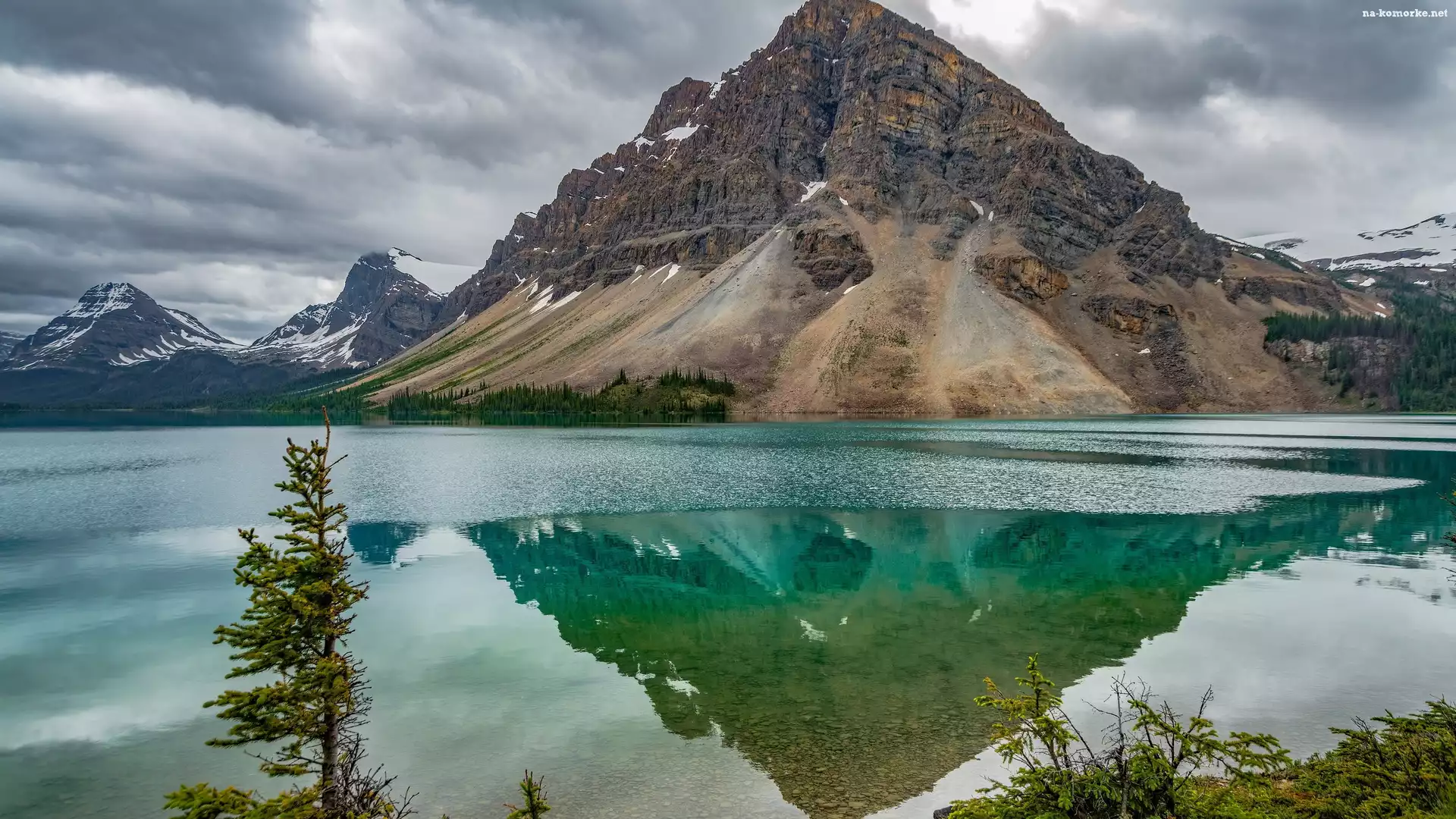 Jezioro, Alberta, Kanada, Bow Lake, Park Narodowy Banff, Góry, Szczyt Crowfoot Mountain