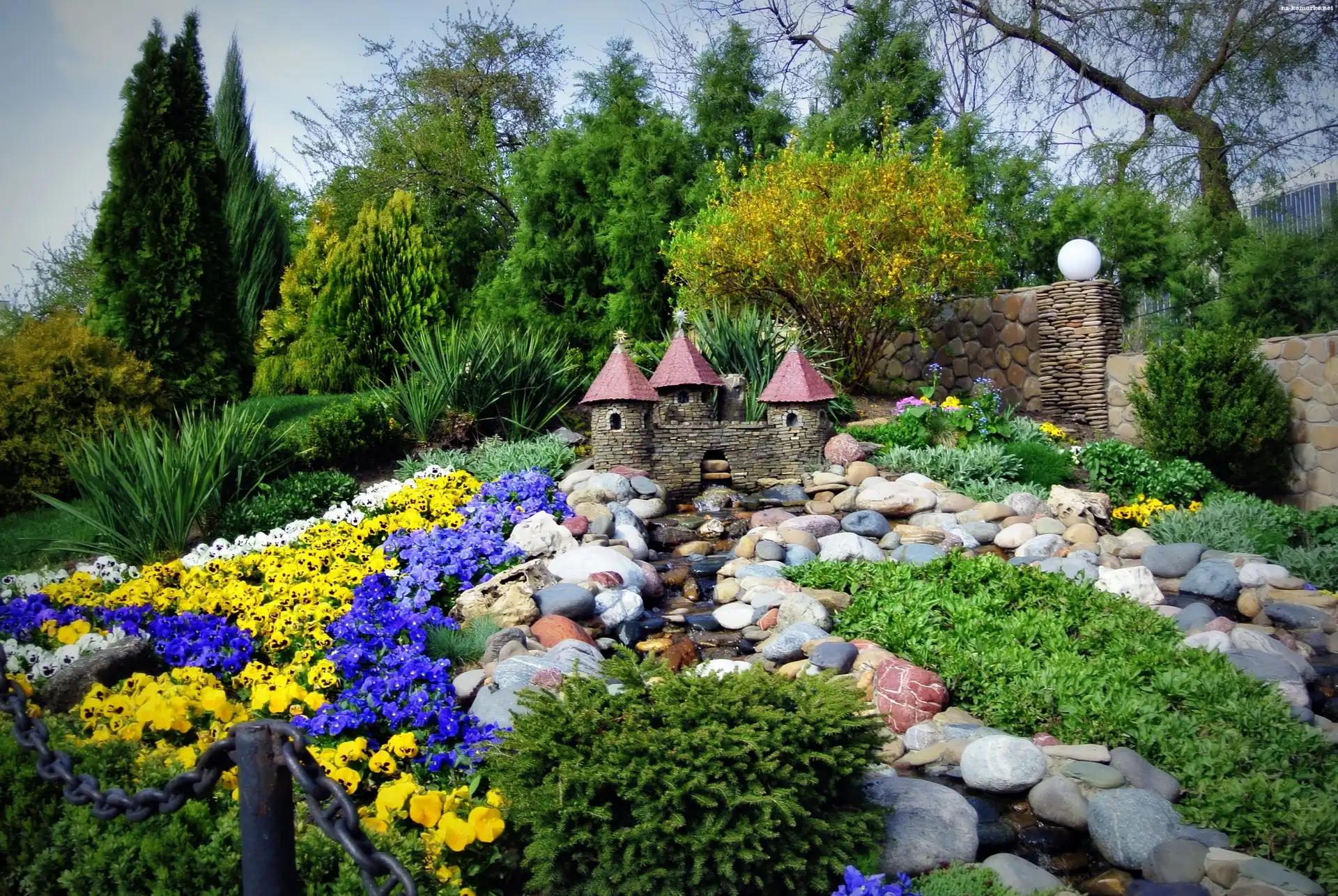 Park, Krzewy, Kwiaty, Kamienie