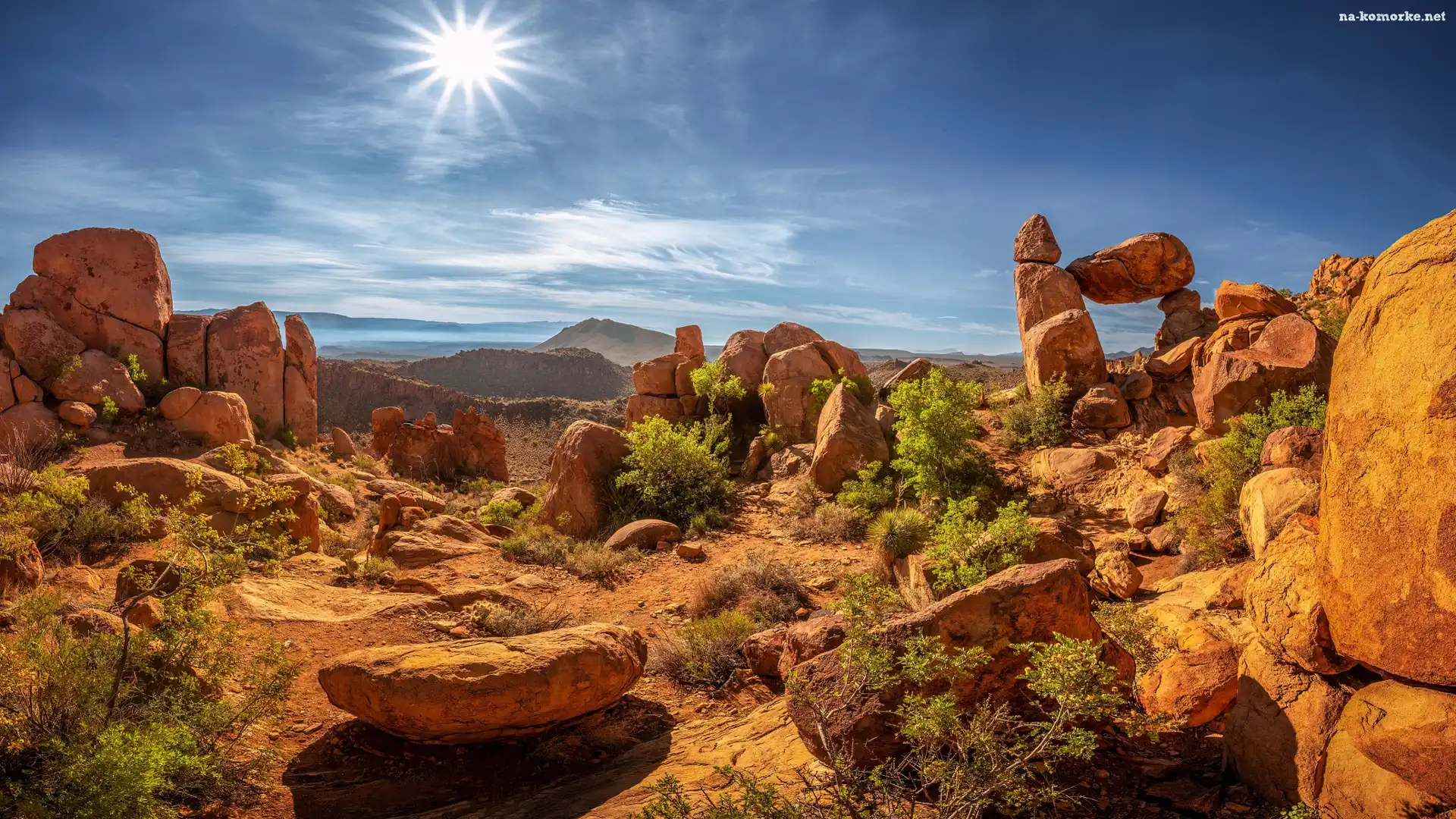 Promienie słońca, Stany Zjednoczone, Skały, Krzewy, Park Narodowy Big Bend, Teksas