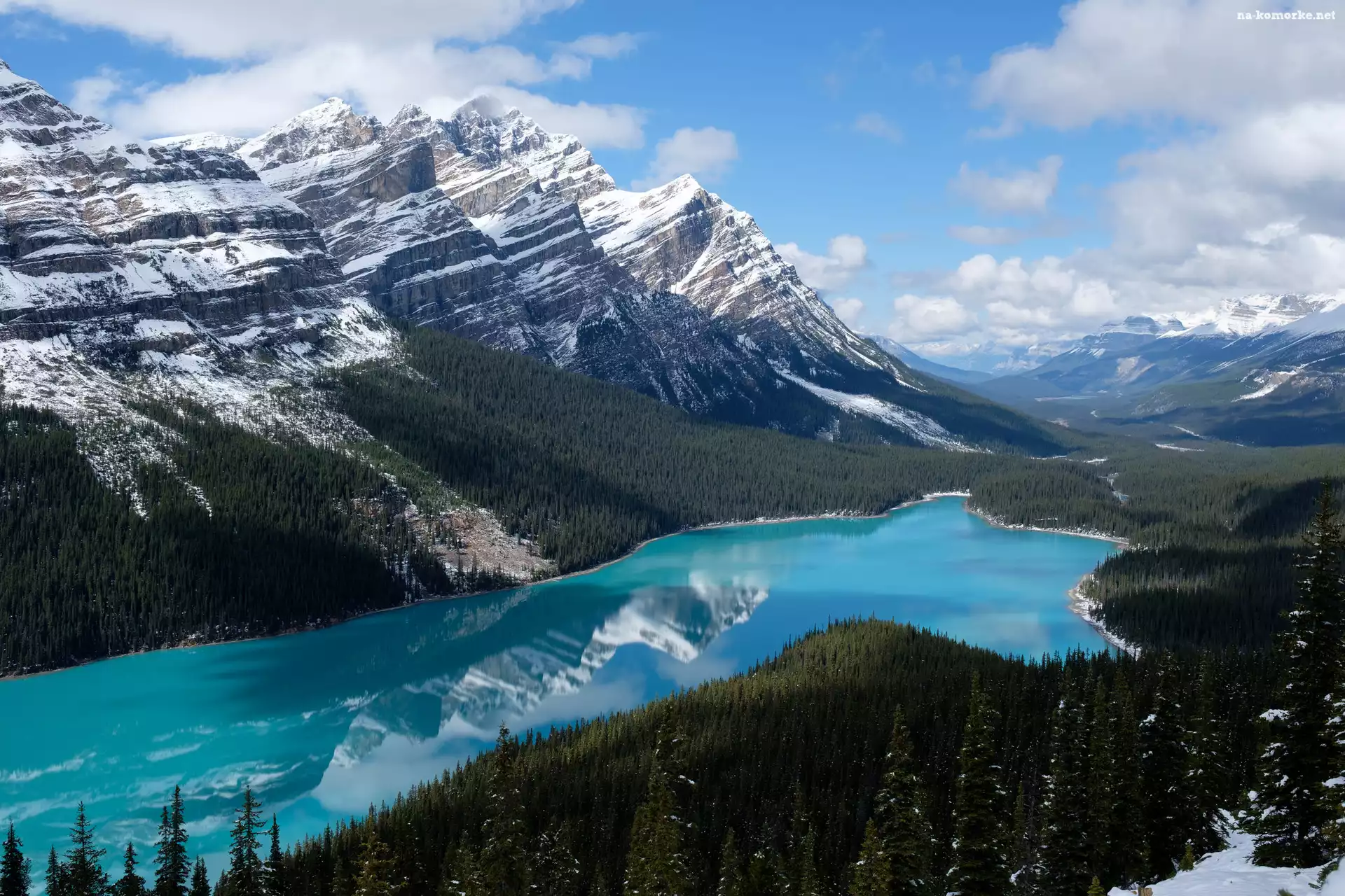 Park Narodowy Banff, Prowincja Alberta, Góry, Kanada, Jezioro Peyto Lake, Las, Drzewa, Chmury
