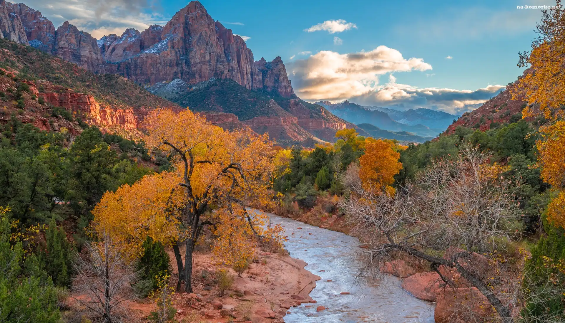 Park Narodowy Zion, Stany Zjednoczone, Virgin River, Góry Watchman, Jesień, Stan Utah, Drzewa, Rzeka, Kamienie