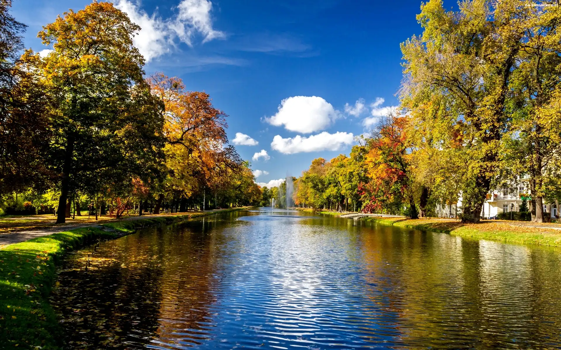 Park, Jesień, Rzeka, Fontanny