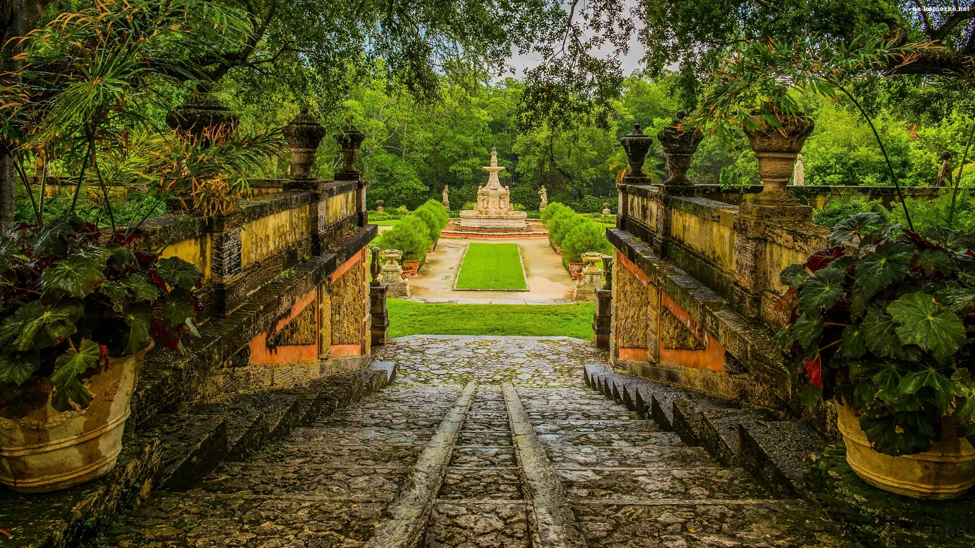Park, Stan Floryda, Schody, Stany Zjednoczone, Ogród, Murek, Vizcaya Museum and Gardens, Miami