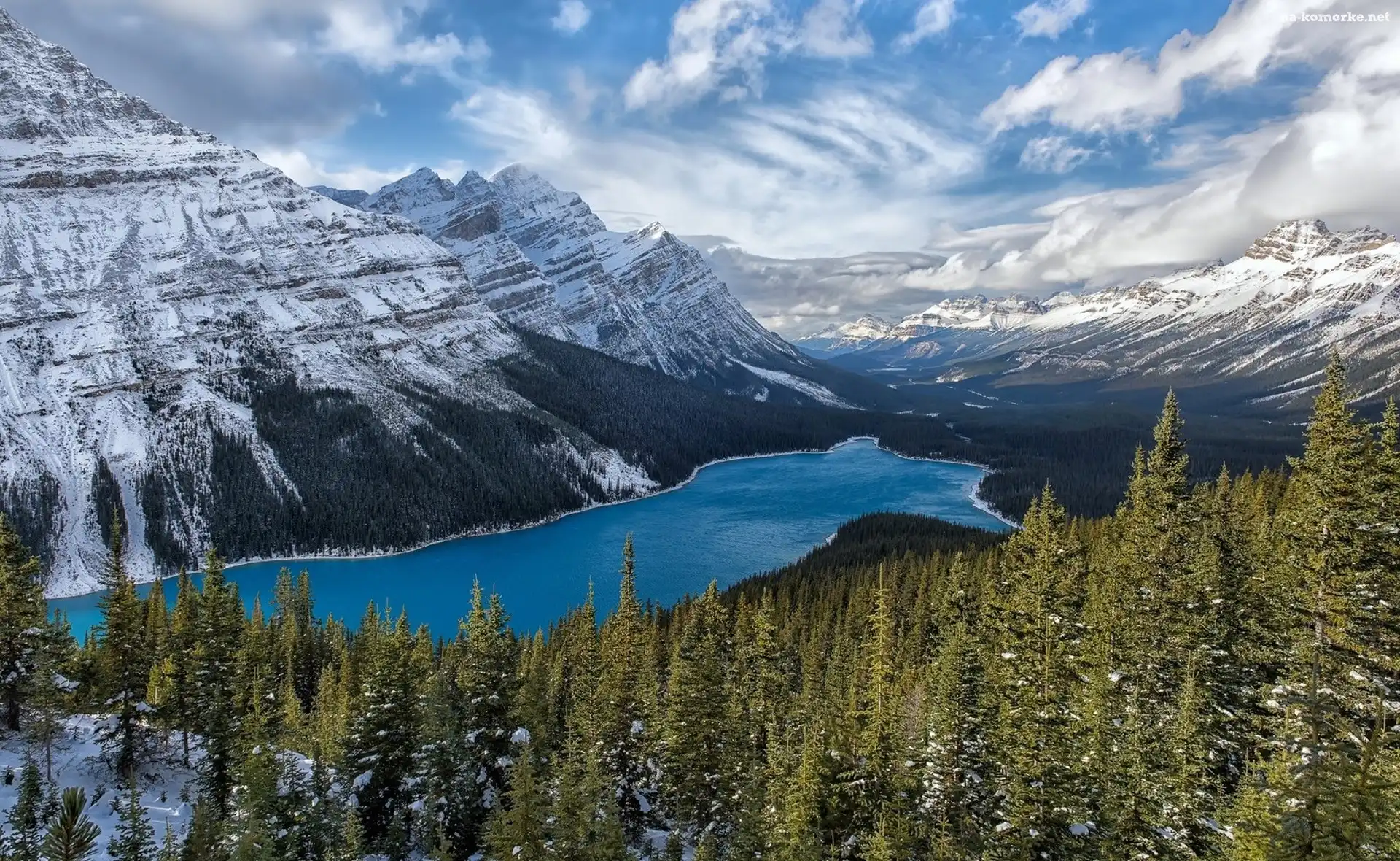 Park Narodowy Banff, Zima, Kanada, Góry Canadian Rockies, Jezioro Peyto Lake, Lasy, Drzewa