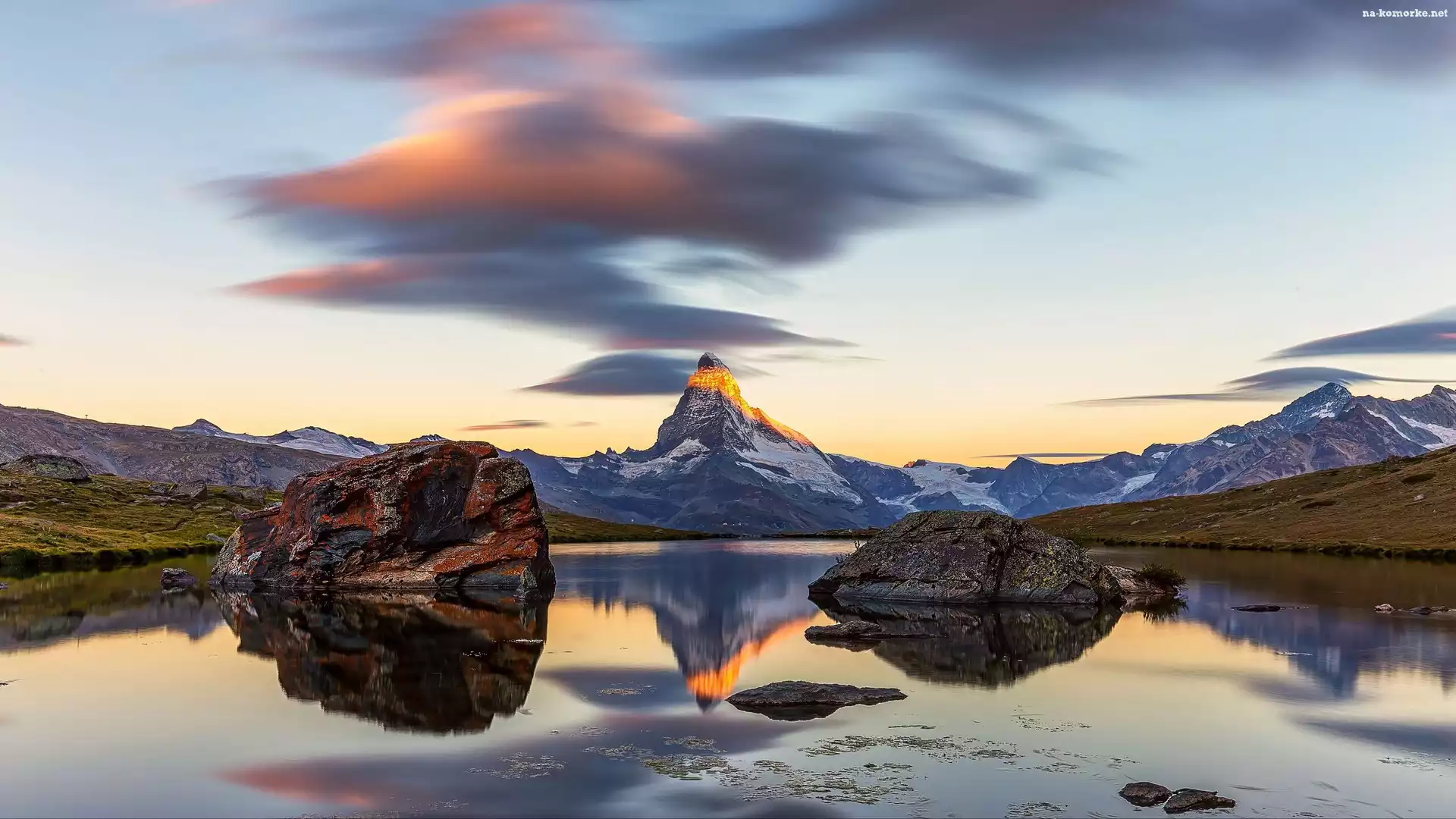 Stellisee, Góry, Jezioro, Szwajcaria, Szczyt Matterhorn, Alpy Pennińskie
