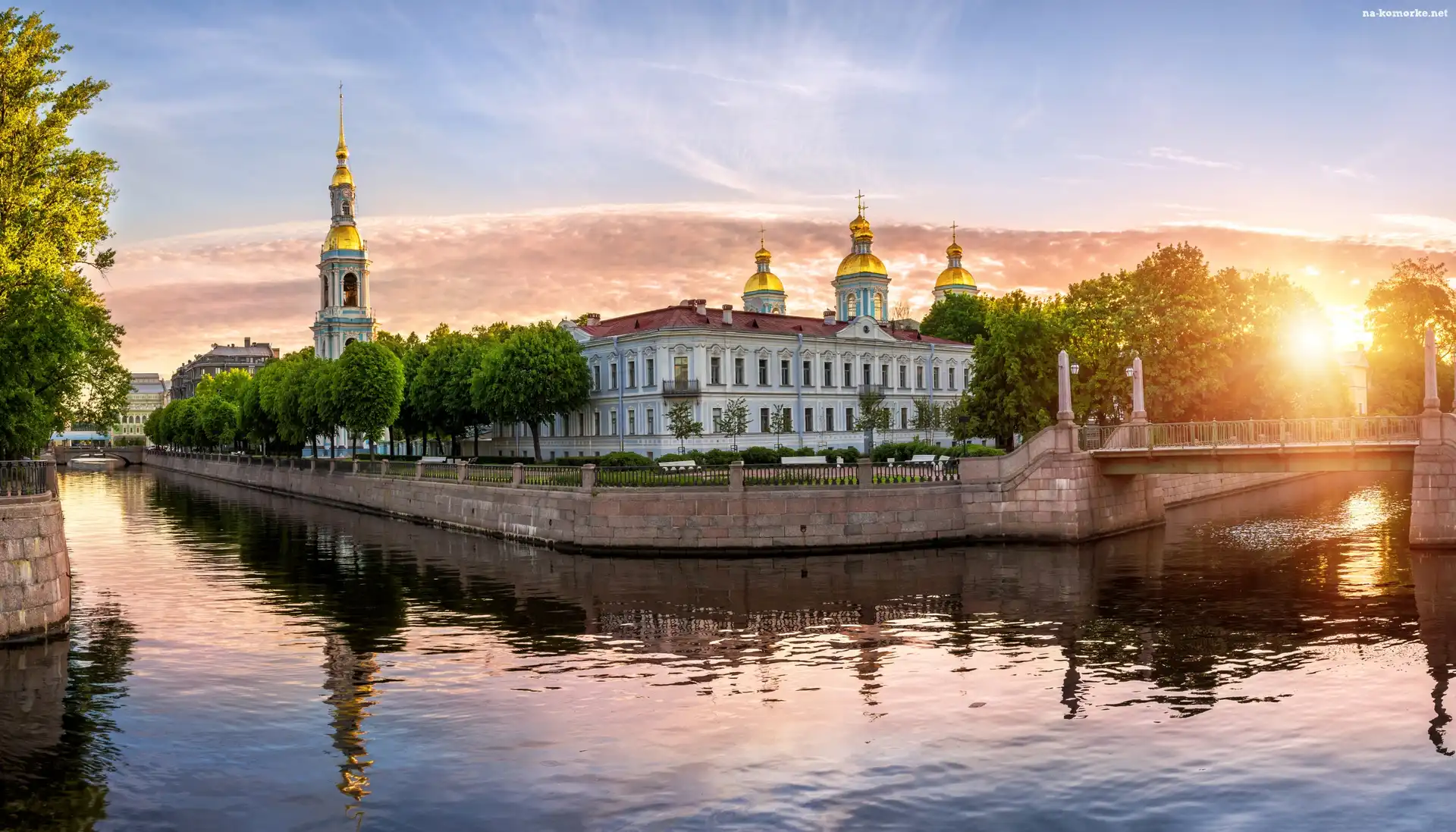Rosja, Drzewa, Sobór św. Mikołaja i Objawienia Pańskiego, Cerkiew, Petersburg, Kanał Kryukowski, Most, Wschód słońca