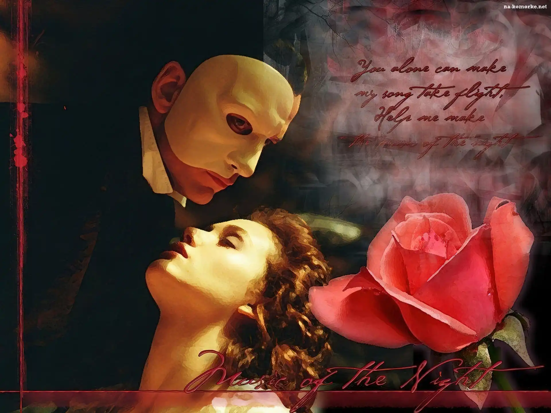 Emmy Rossum, Phantom Of The Opera, róża, napis, Gerard Butler, maska