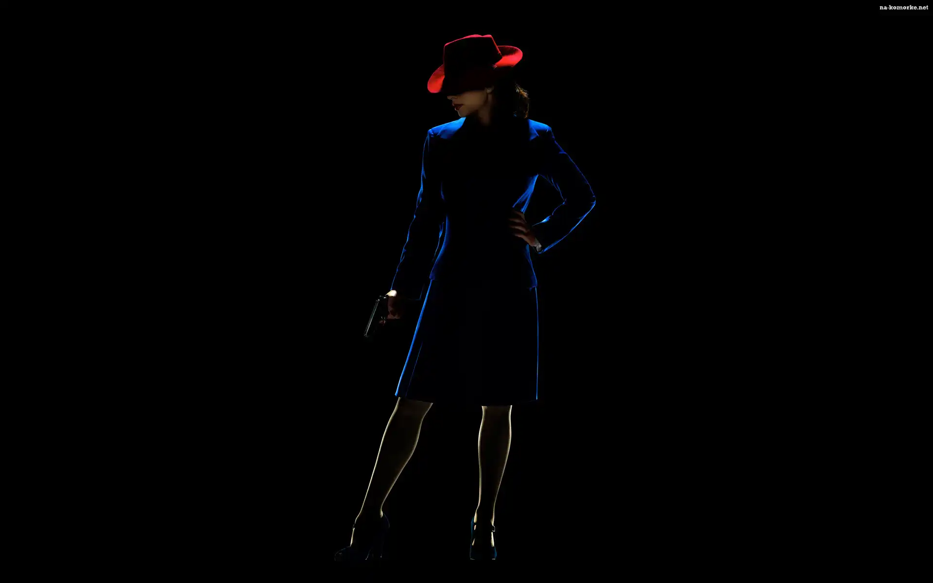 Kobieta, Serial, Agentka Carter, Hayley Atwell, Czerwony, Kapelusz, Pistolet
