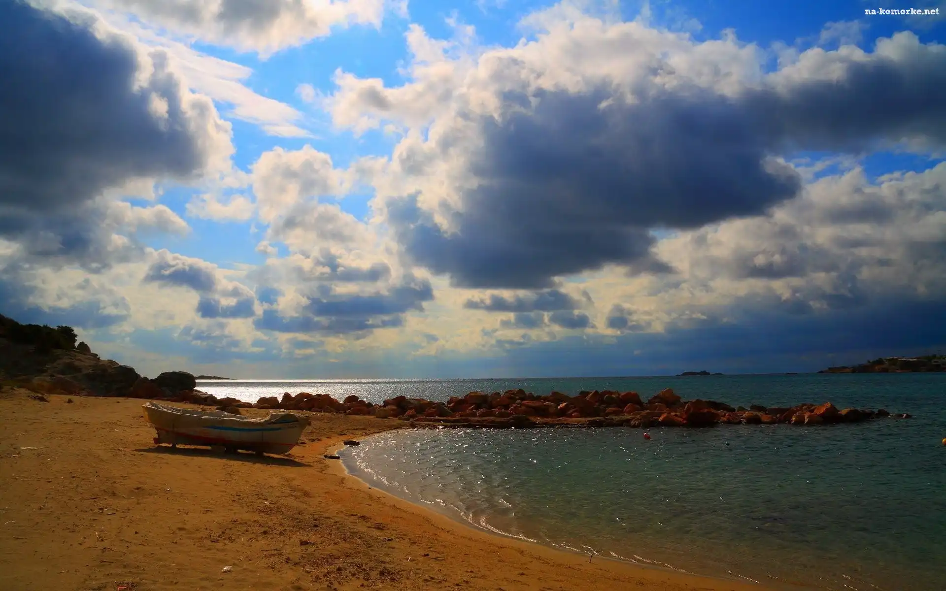 Plaża, Łódka, Chmury, Jezioro