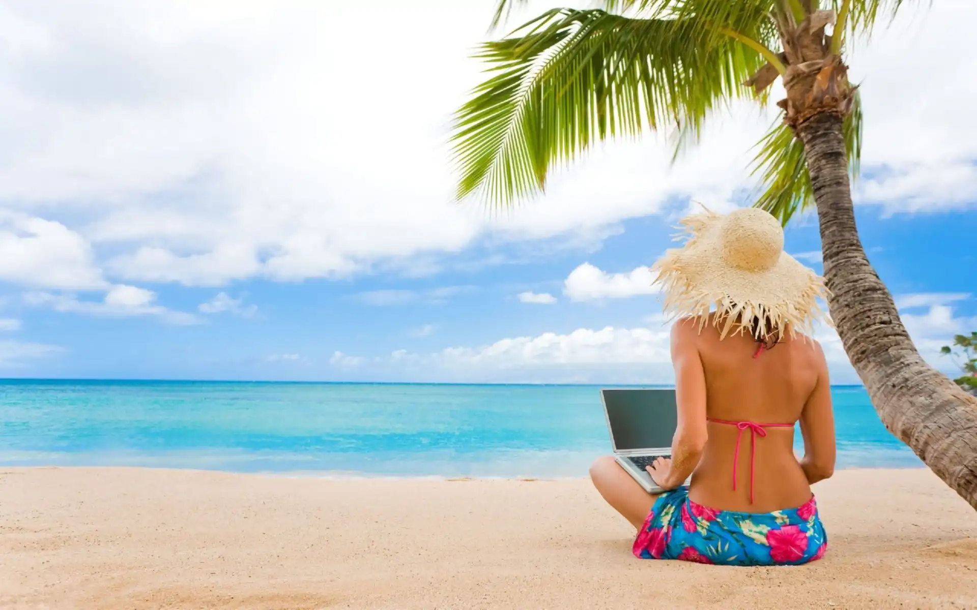 Plaża, Laptop, Lato, Kobieta