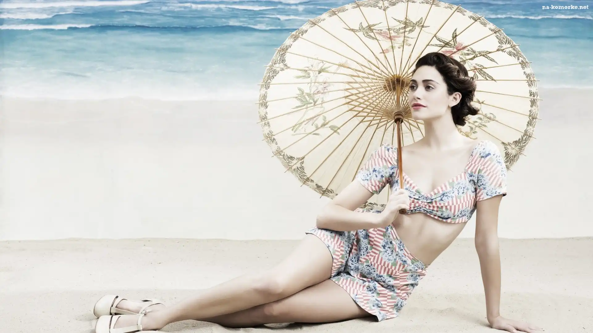 Plaża, Retro, Kobieta, Parasol, Morze