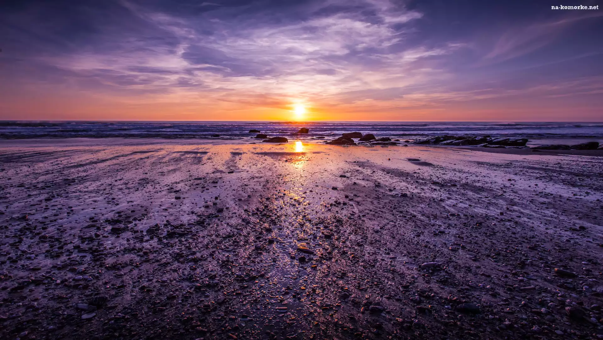 Plaża, Kamienie, Morze, Zachód słońca