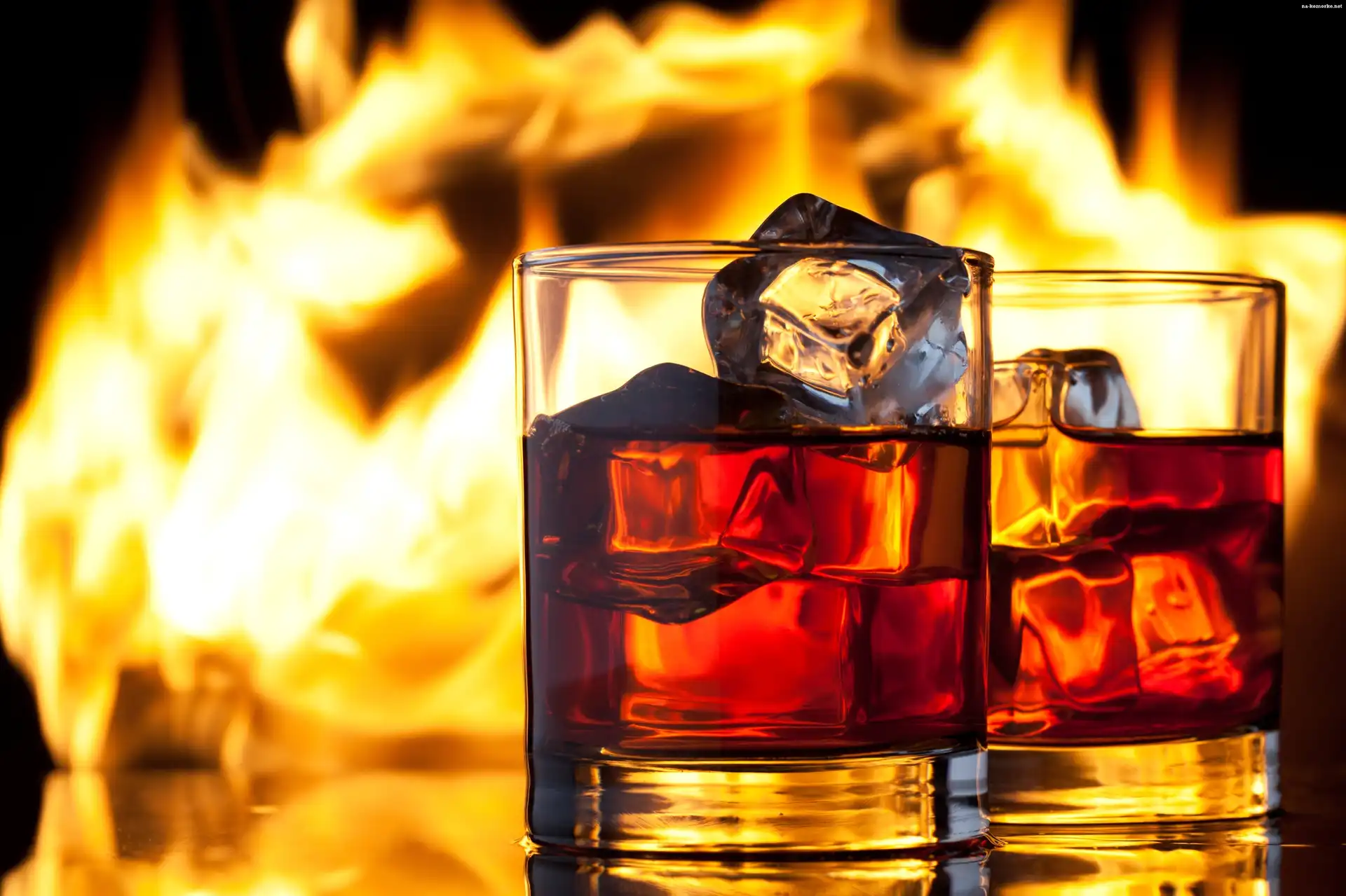 Płomienie, Szklanki, Whisky, Kostki, Lodu