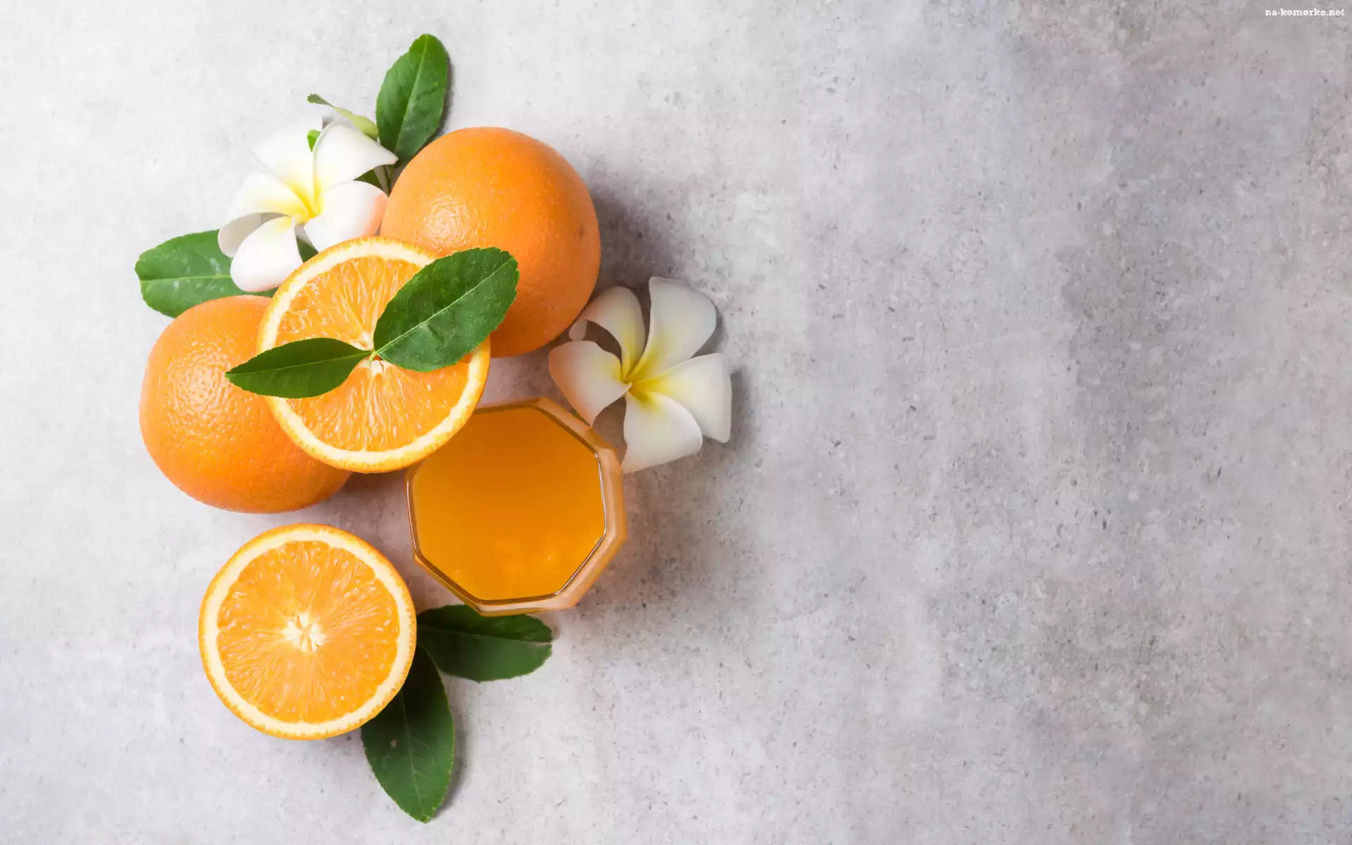 Plumeria, Pomarańcze, Sok pomarańczowy, Listki, Kwiaty