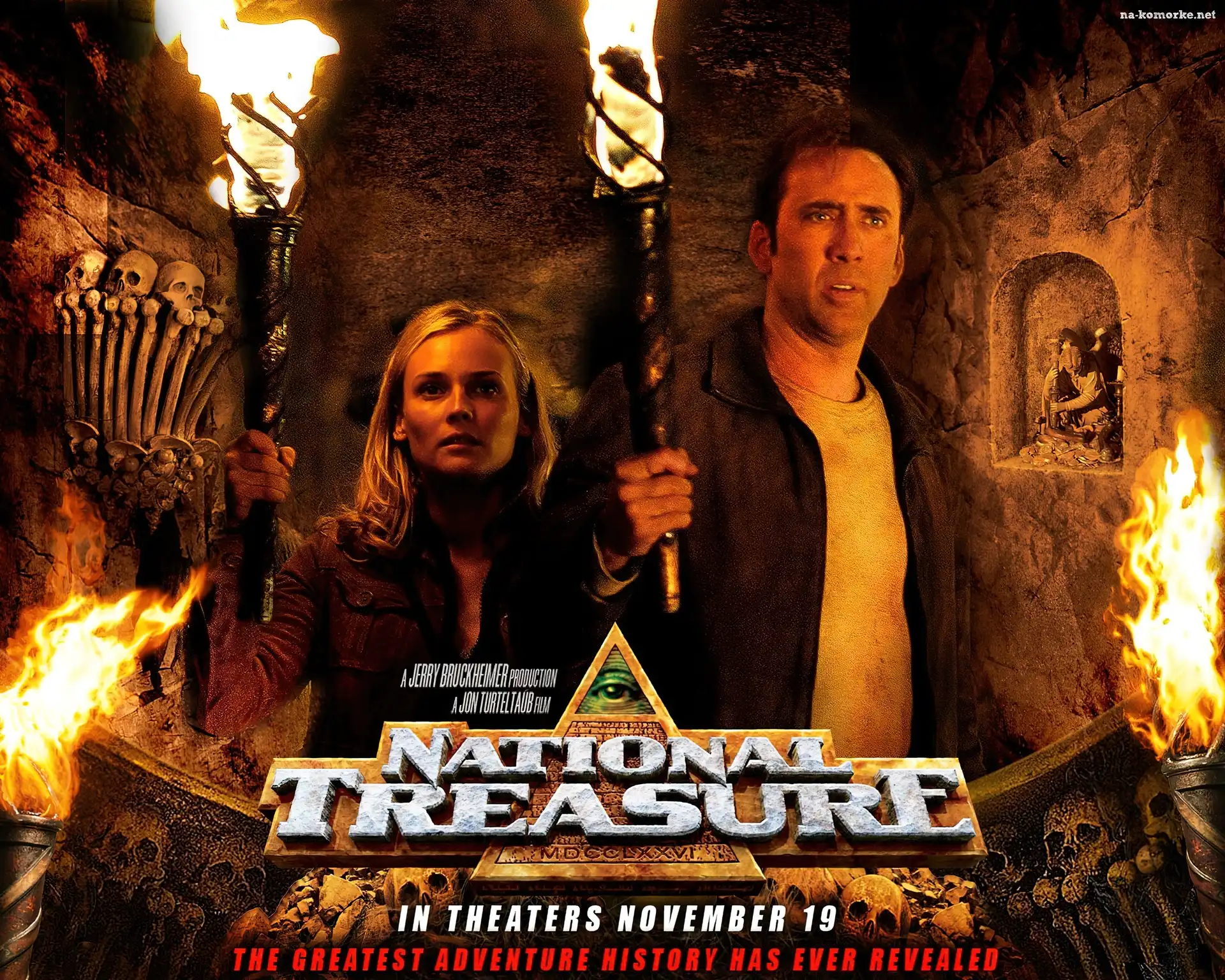 National Treasure 1, Nicolas Cage, pochodnie, Diane Kruger, podziemie
