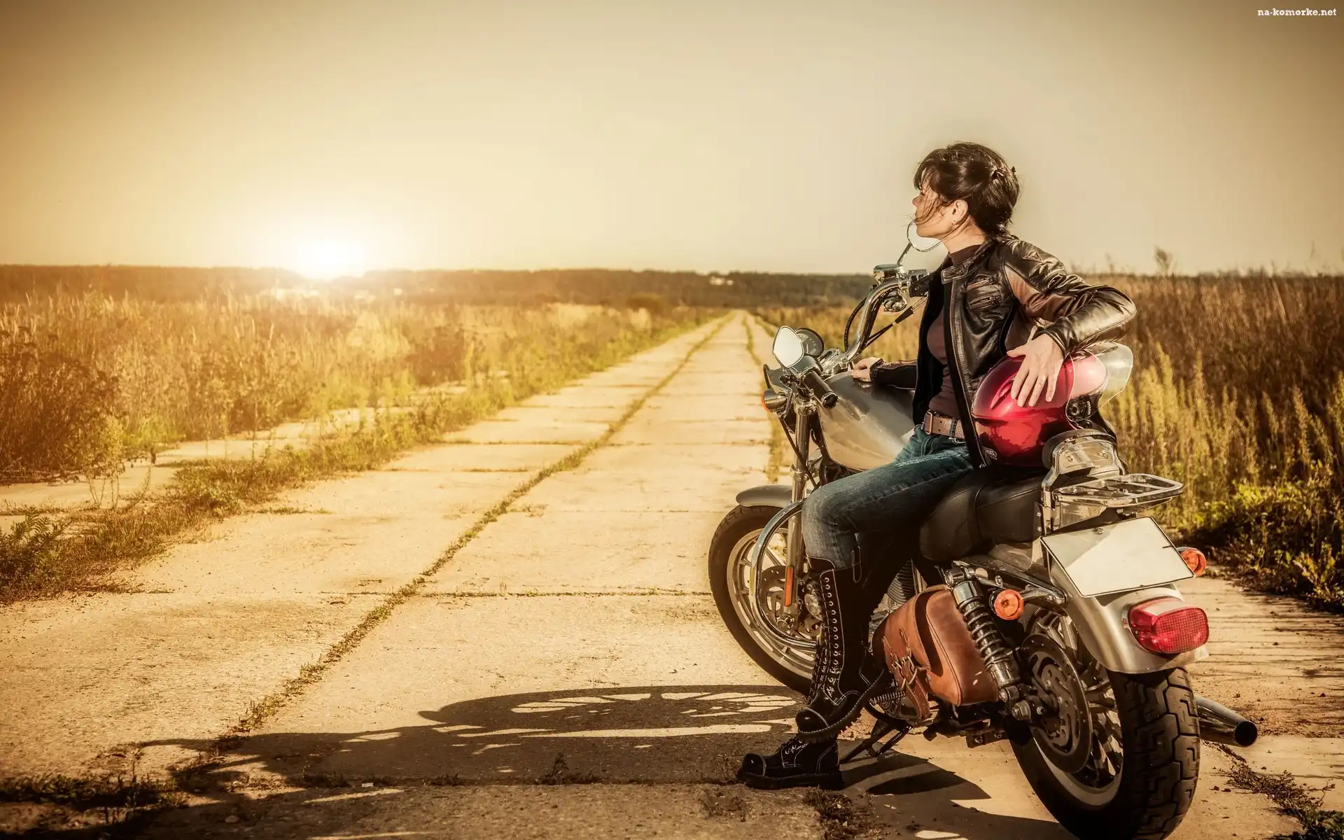 Pola, Motocykl, Dziewczyna, Słońca, Droga, Promienie