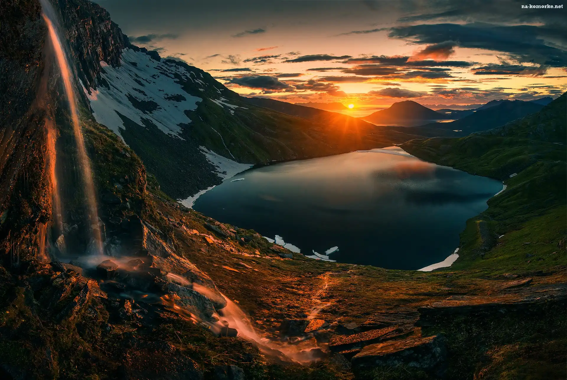 Północna Norwegia, Zachód Słońca, Jezioro, Góry