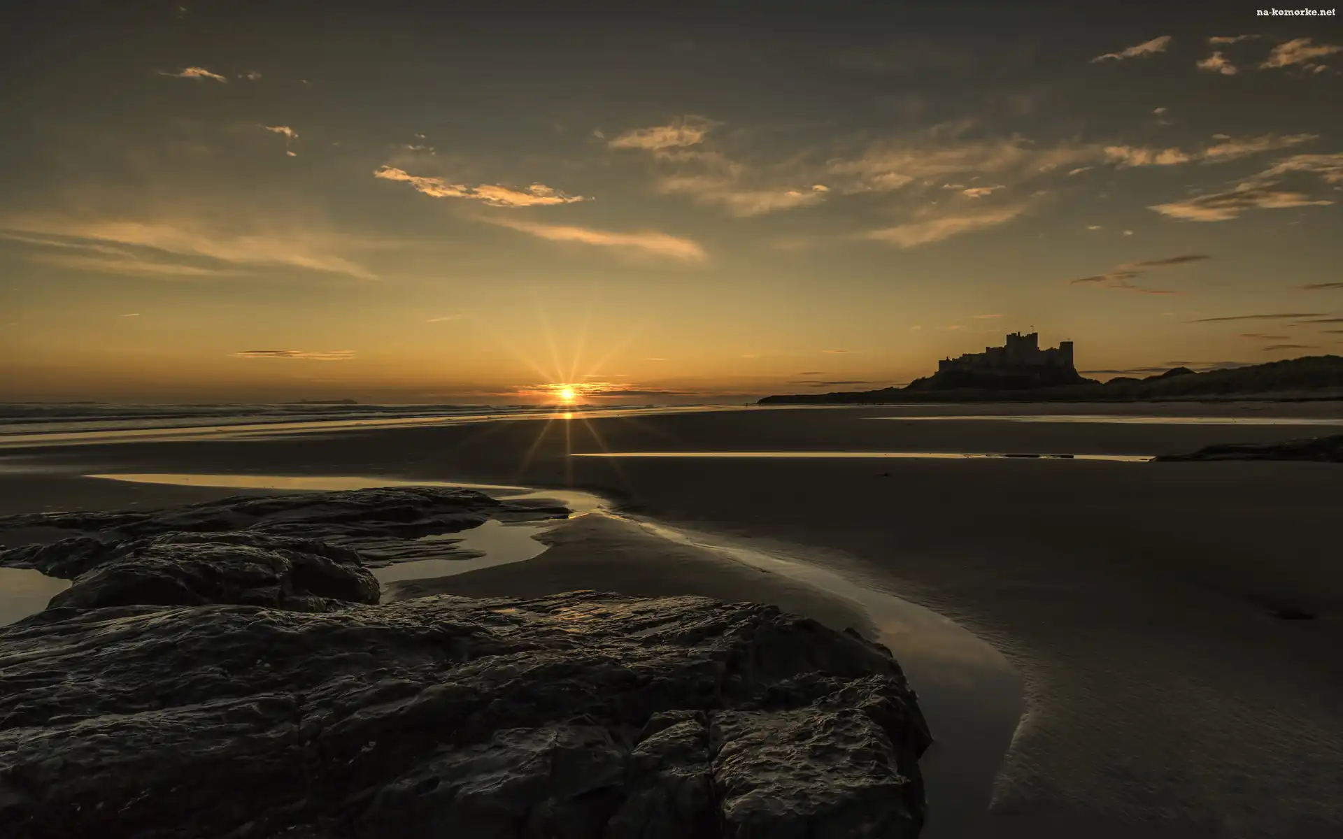 Morze Północne, Anglia, Zamek Bamburgh, Plaża, Zachód Słońca