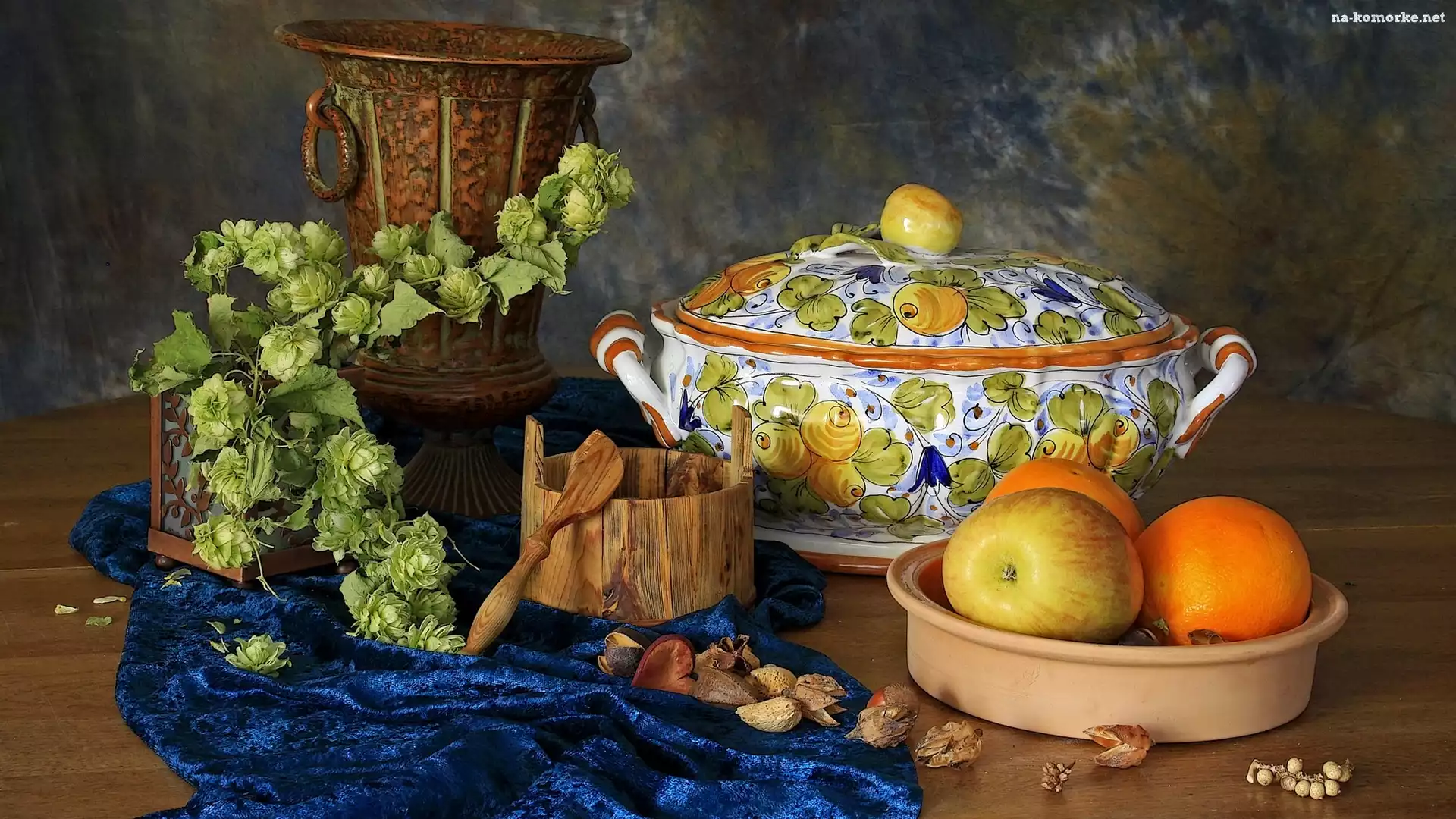 Pomarańcze, Kompozycja, Waza, Chmiel, Jabłko