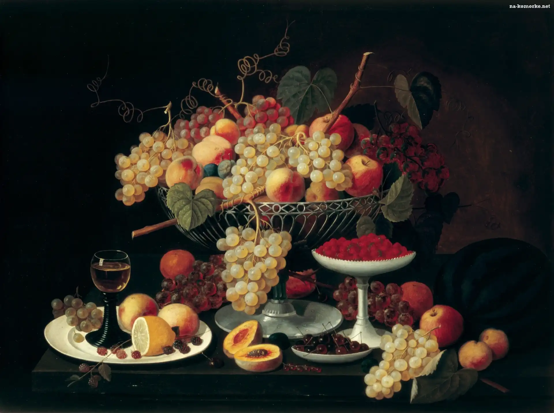 Pomarańcze, Obraz olejny, Owoce, Winogrona, Jabłka