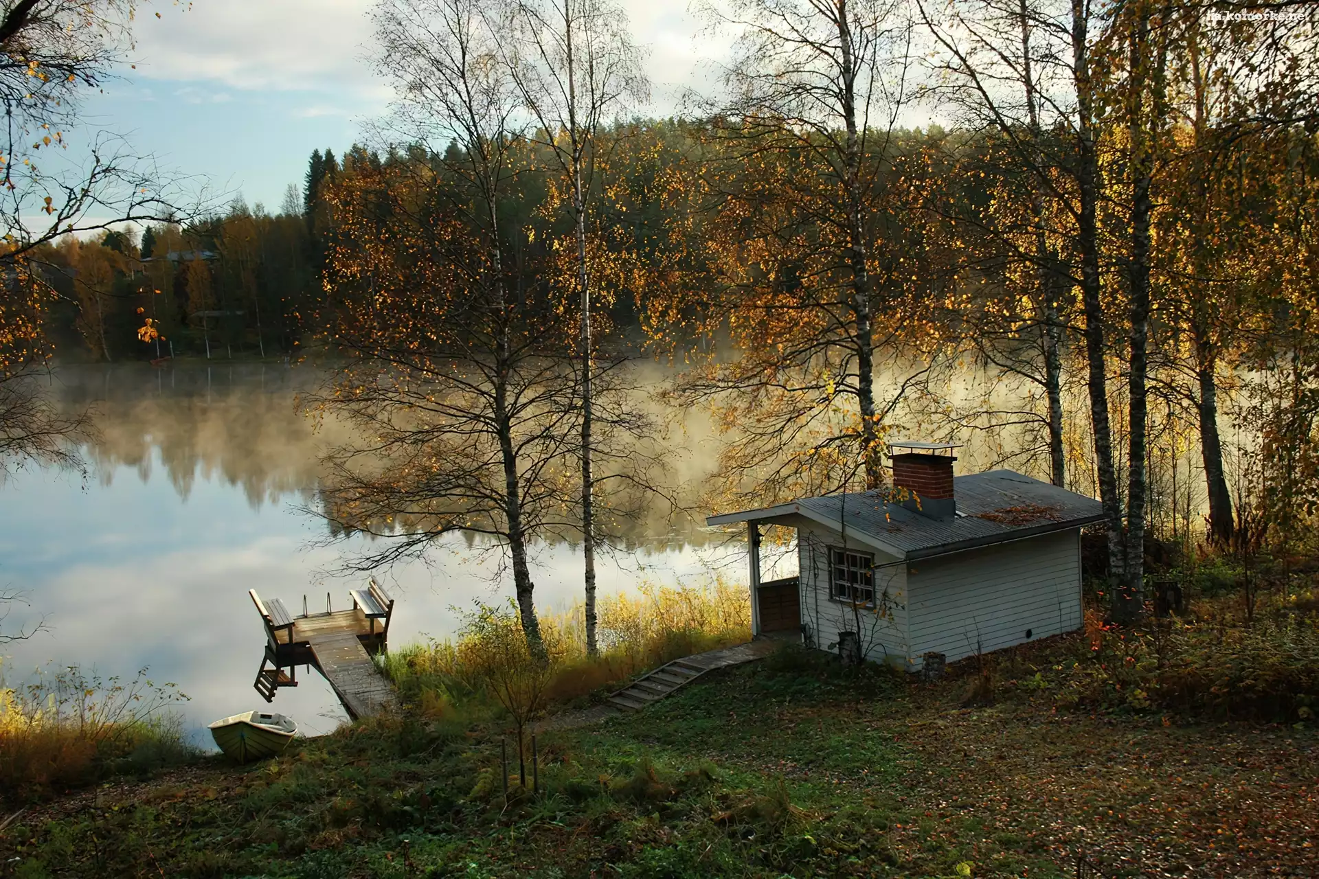 Pomost, Jesień, Drzewa, Domek, Jeziorko